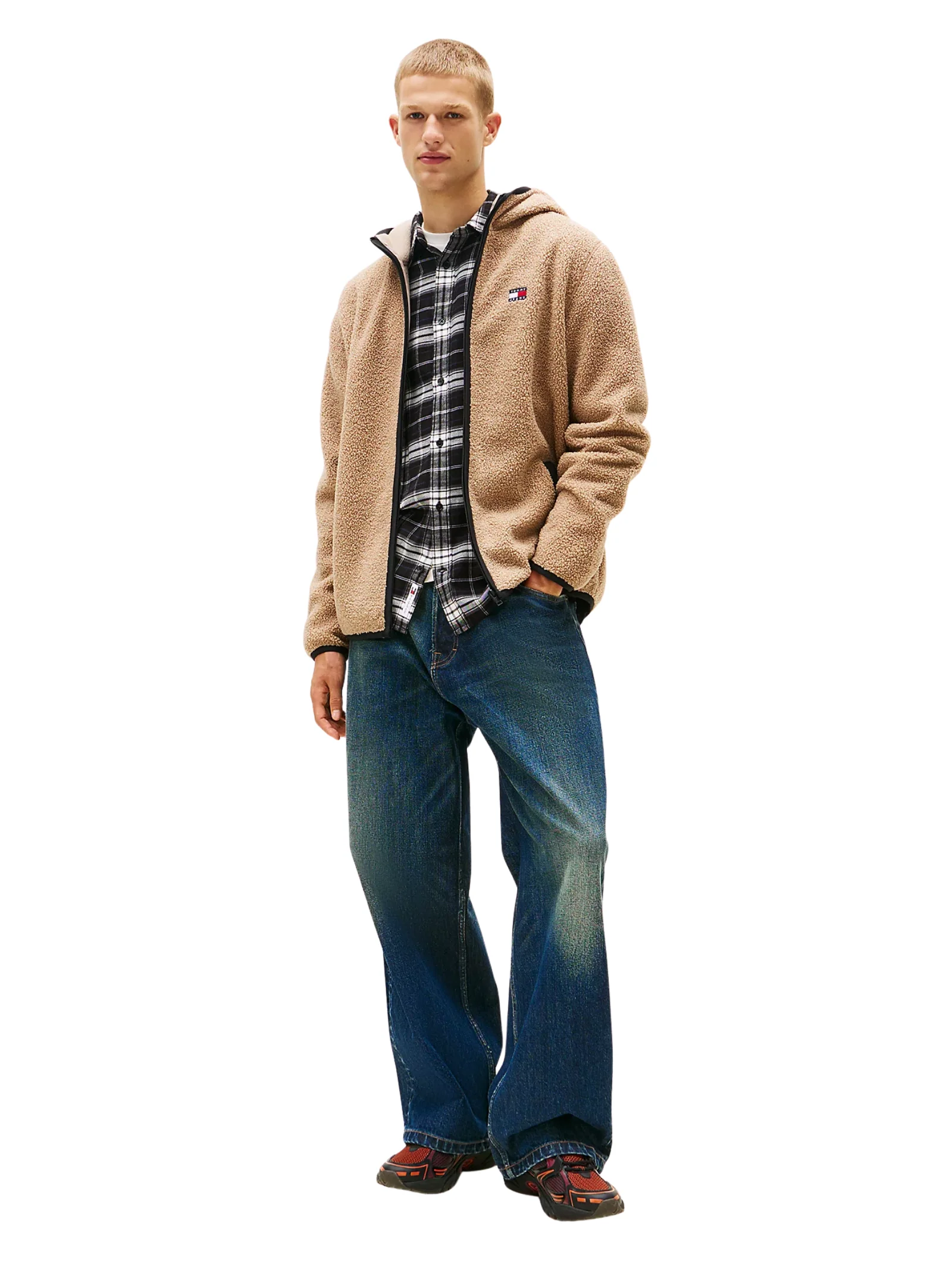 Felpa in sherpa Tommy Hilfiger beige con cappuccio e zip - Image 4