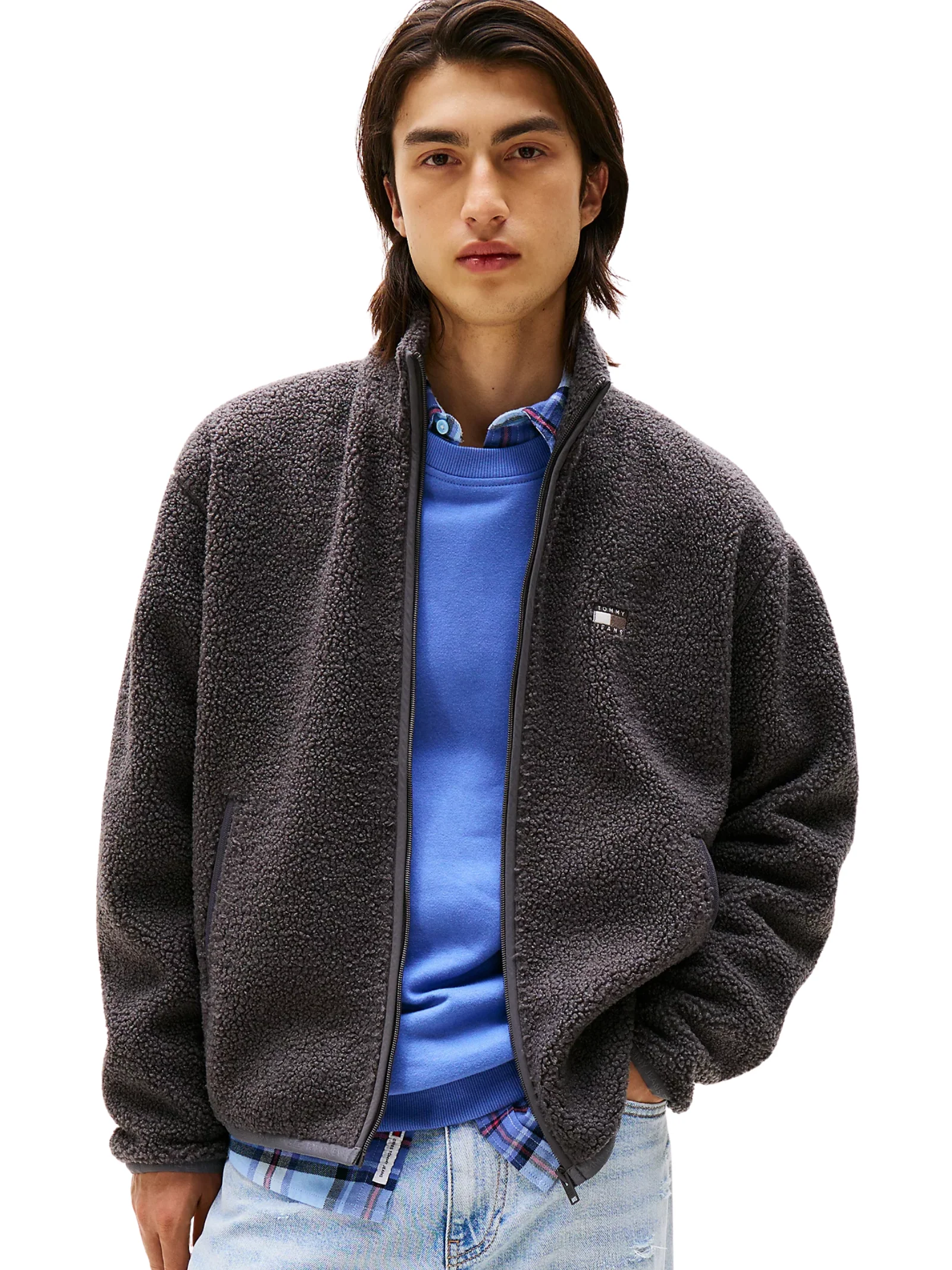Felpa relaxed fit in sherpa Tommy Hilfiger nero con zip e logo - Image 2
