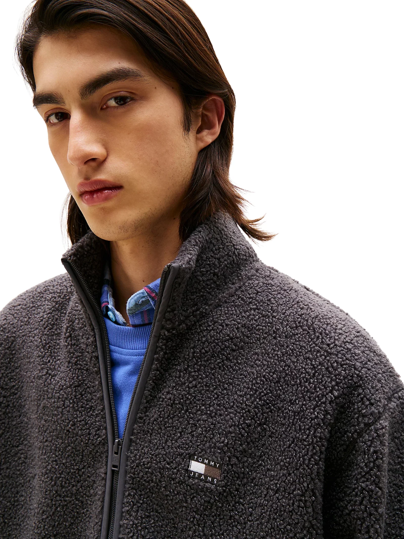 Felpa relaxed fit in sherpa Tommy Hilfiger nero con zip e logo - Image 3