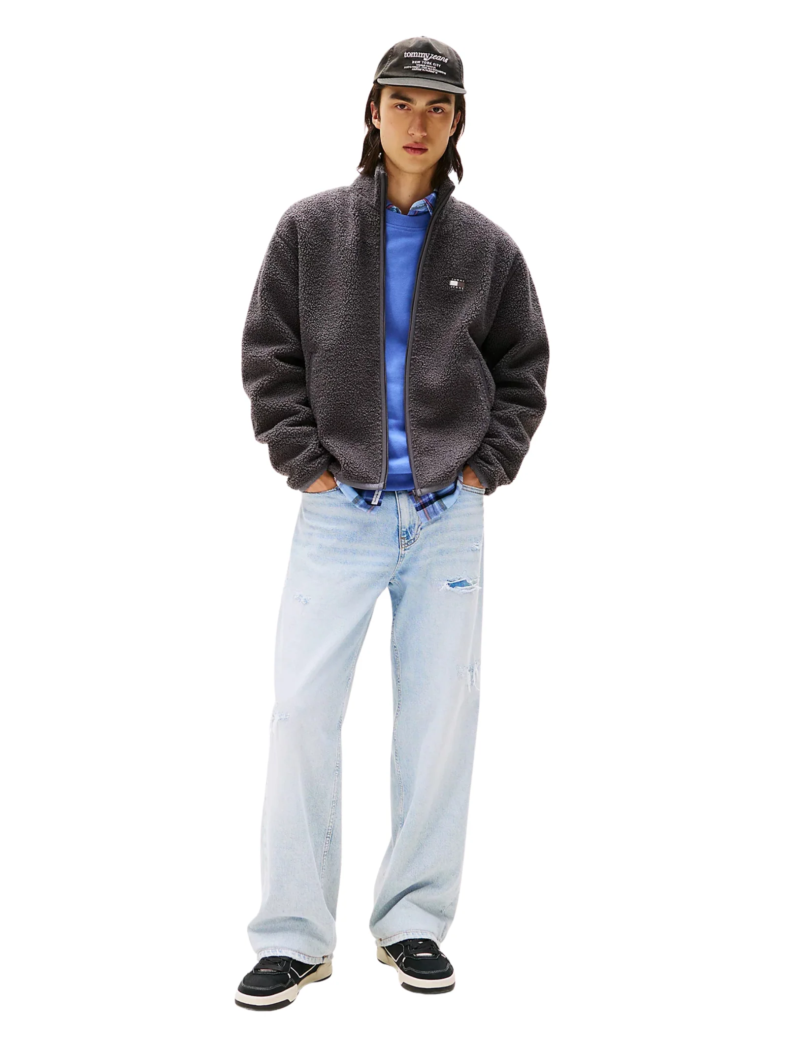 Felpa relaxed fit in sherpa Tommy Hilfiger nero con zip e logo - Image 4