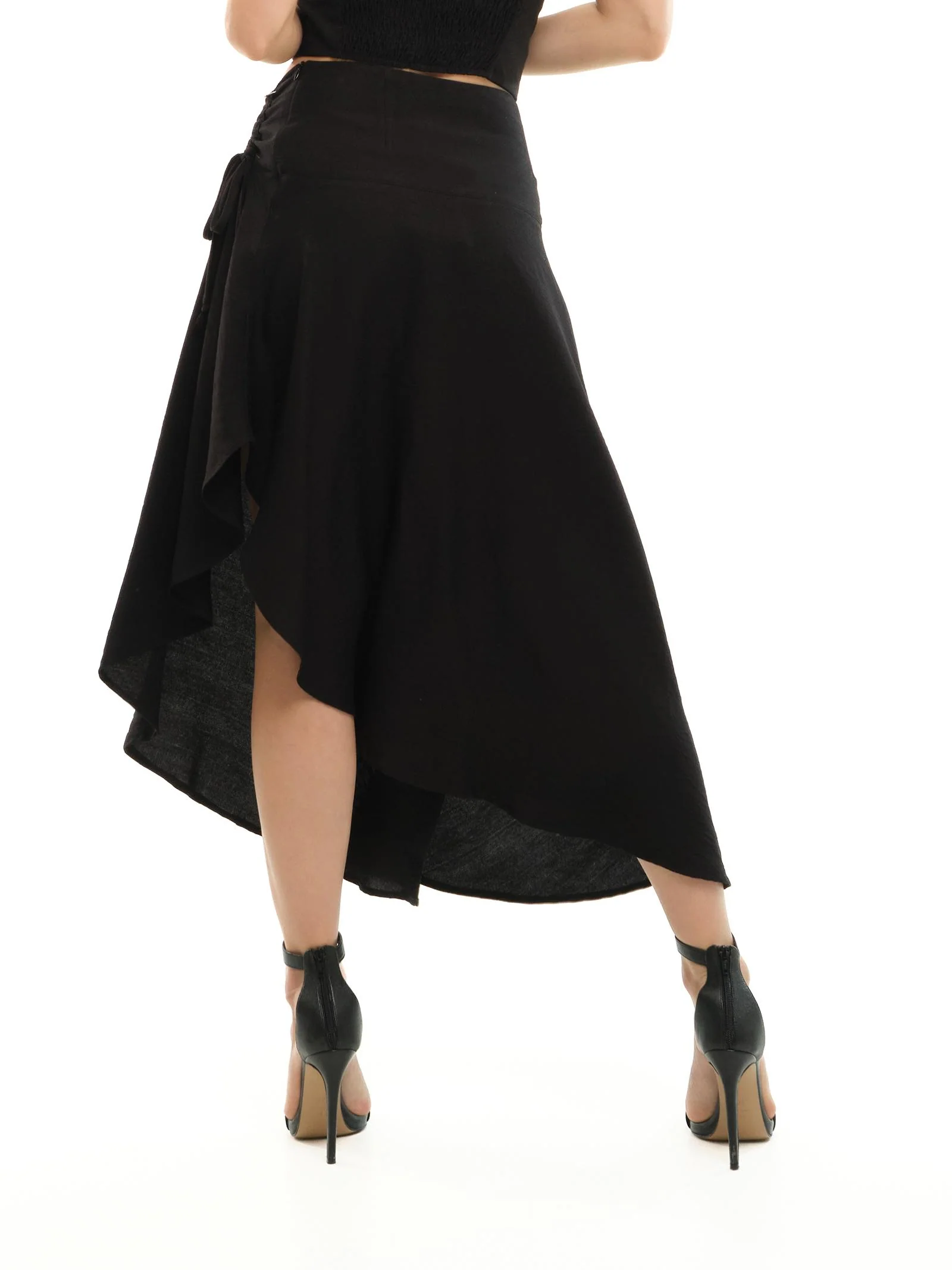 Gonna midi arricciata Dixie nera con spacco asimmetrico e coulisse regolabile - Image 3