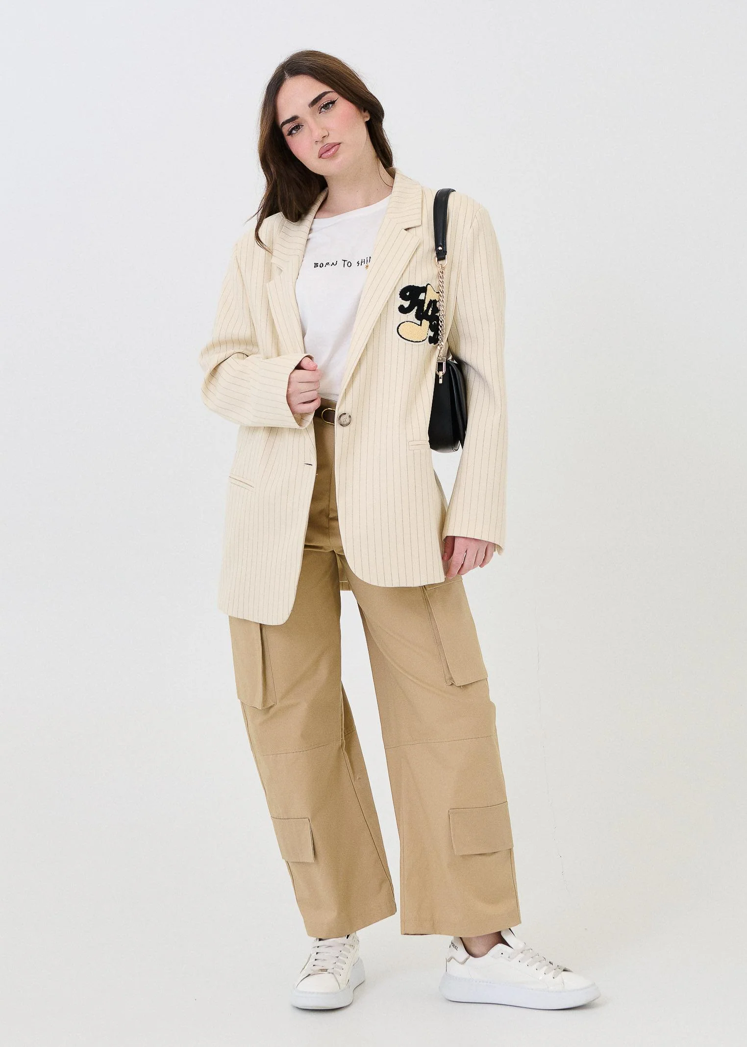 Giacca a righe Vicolo panna con patch in teddy - Image 4