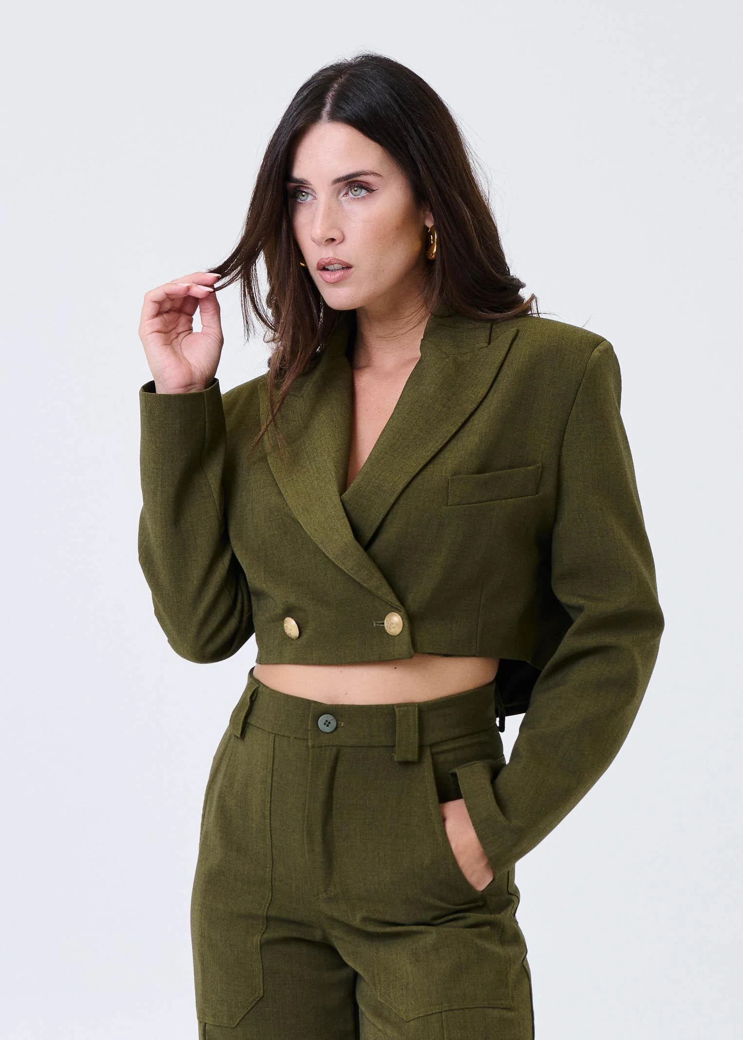 Giacca cropped Haveone verde militare con revers a lancia - Image 2
