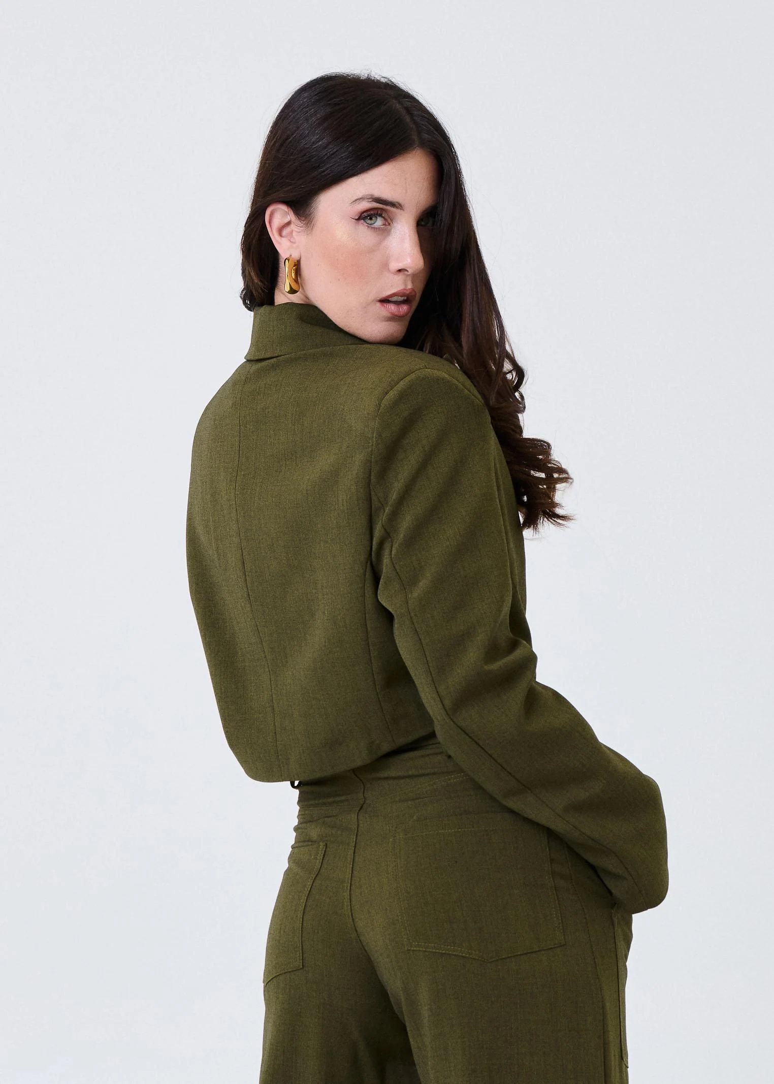 Giacca cropped Haveone verde militare con revers a lancia - Image 3