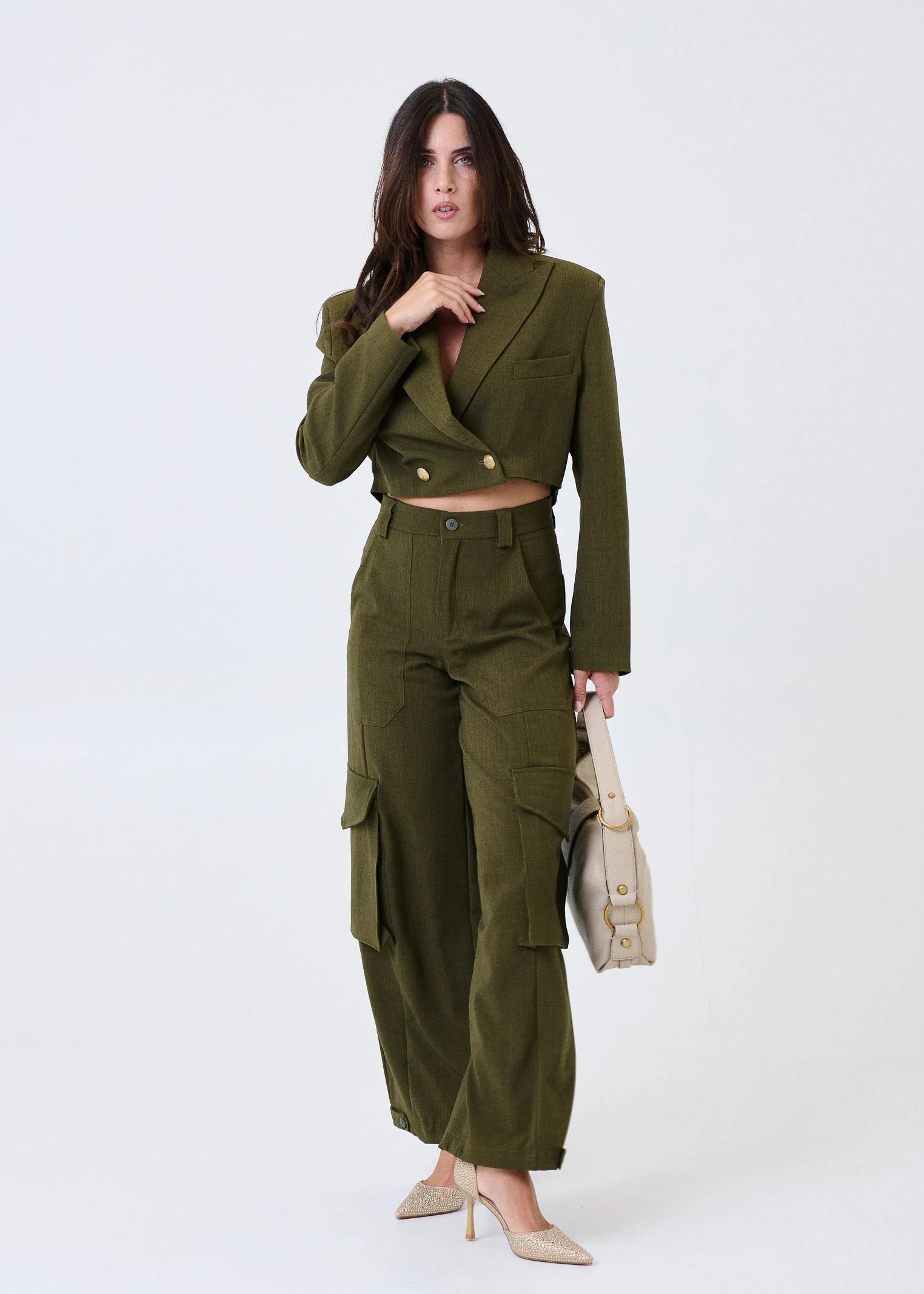Giacca cropped Haveone verde militare con revers a lancia - Image 4