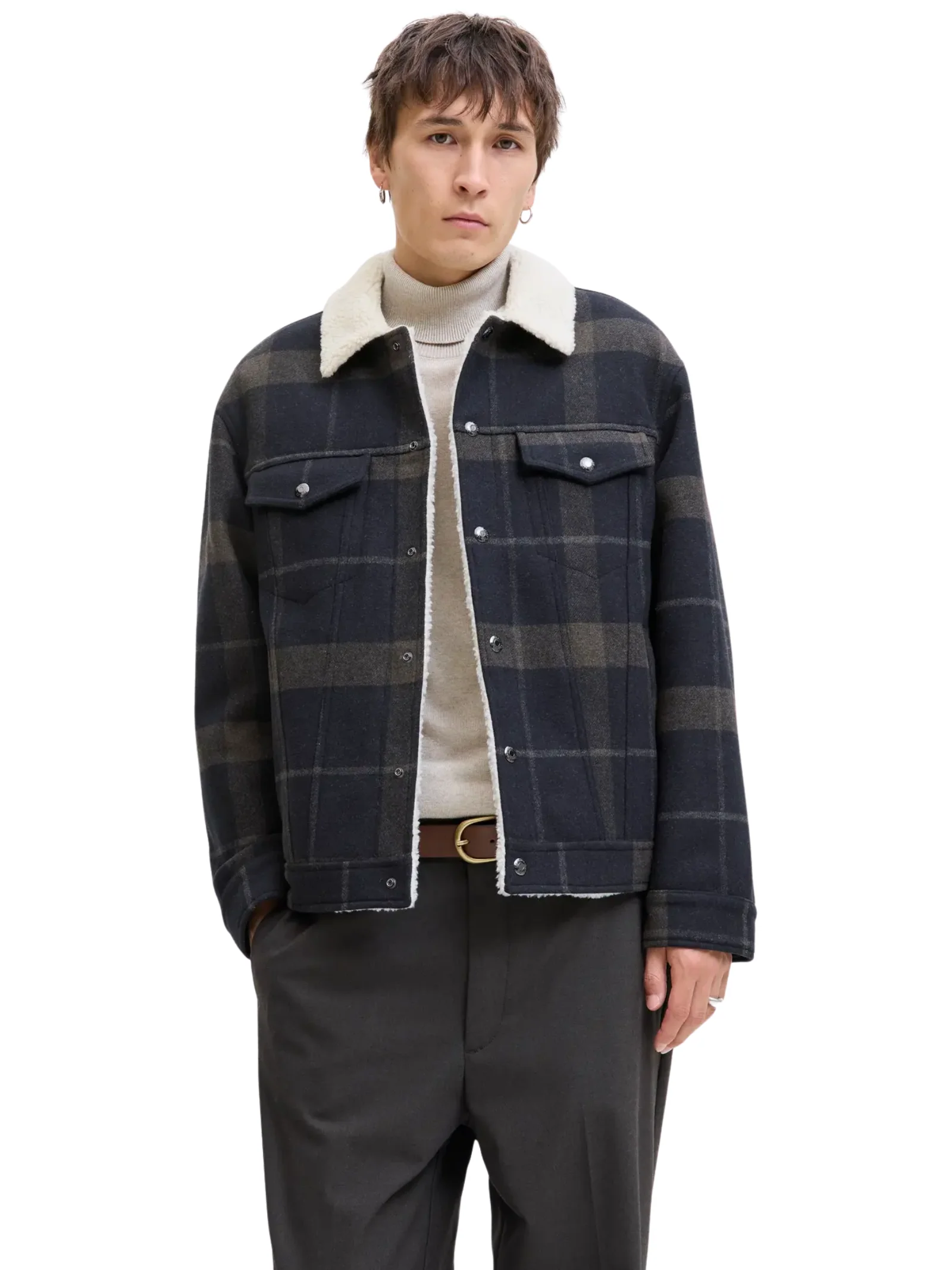 Giacca Jack & Jones blu check con interno in ecopelliccia