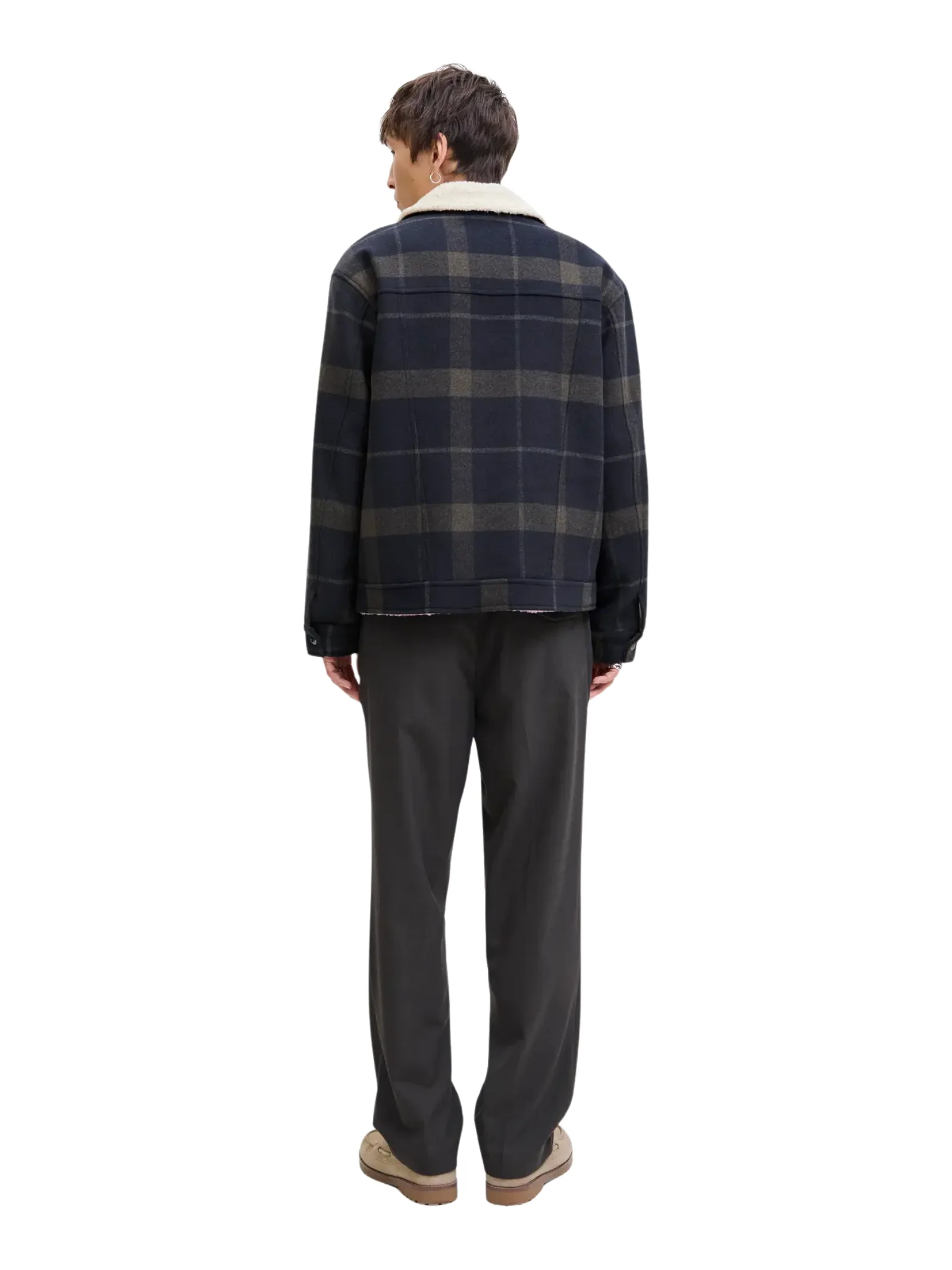 Giacca Jack & Jones blu check con interno in ecopelliccia - Image 3