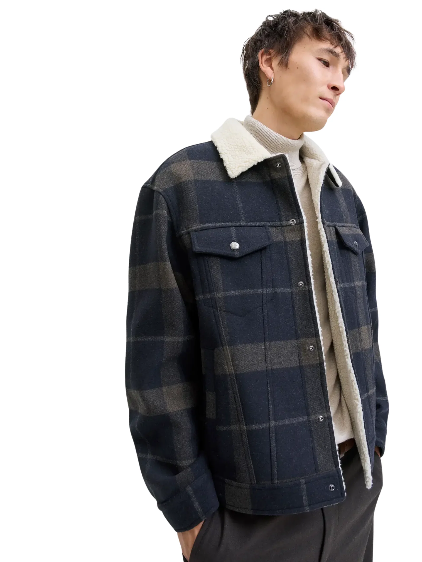 Giacca Jack & Jones blu check con interno in ecopelliccia - Image 6