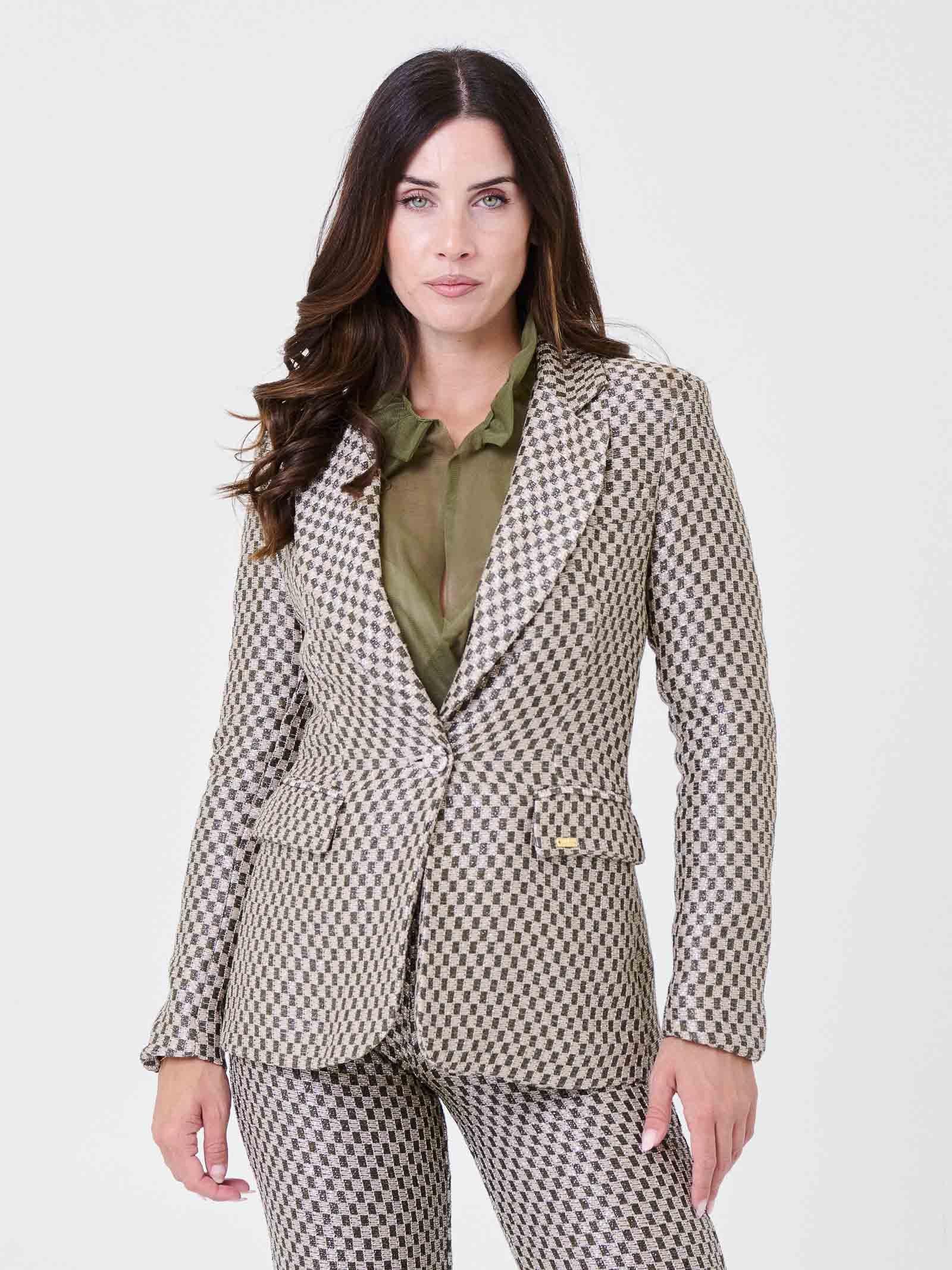 Giacca monopetto Pho Firenze rosa e verde con scacchi e filo lurex