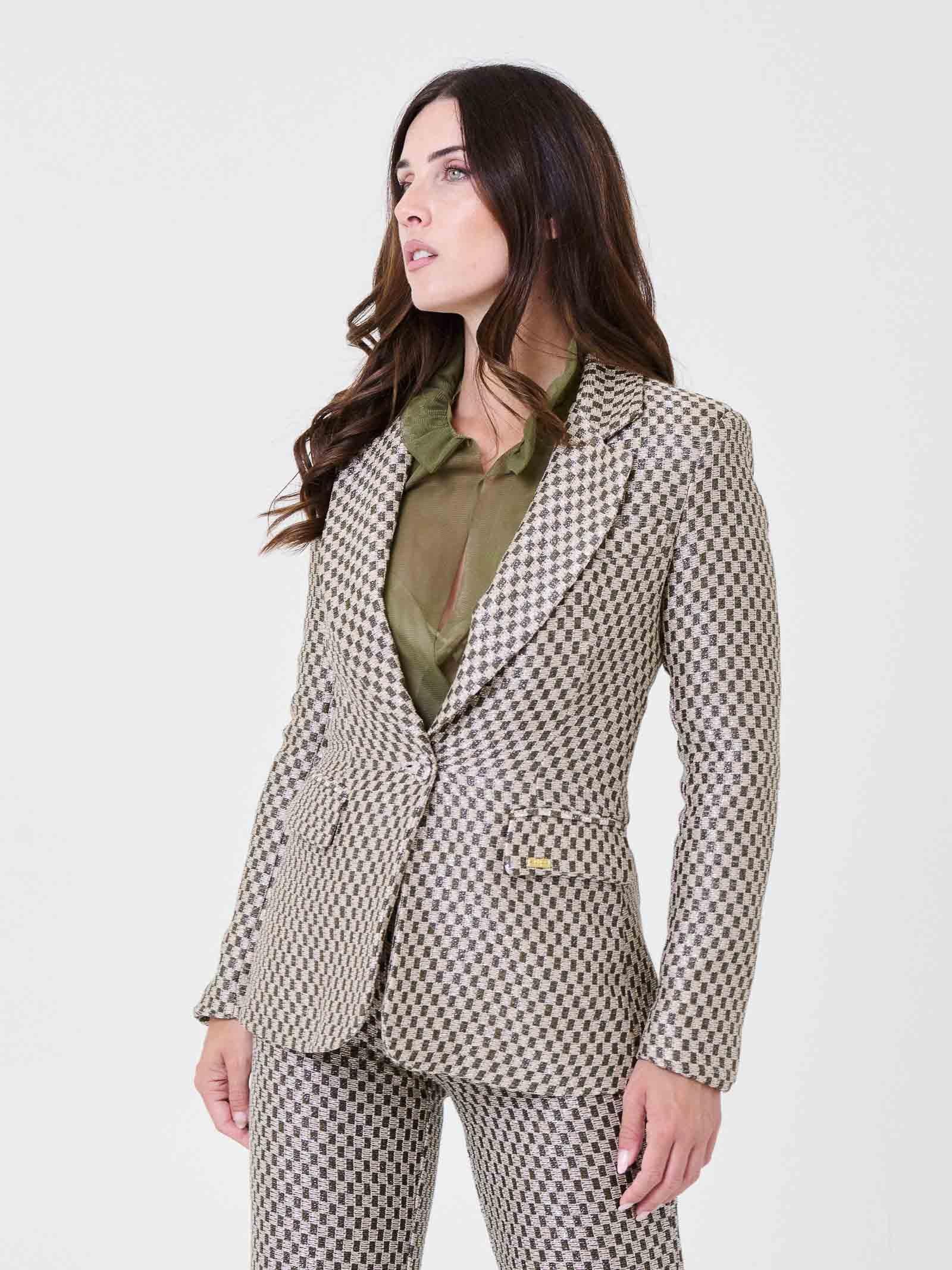 Giacca monopetto Pho Firenze rosa e verde con scacchi e filo lurex - Image 2