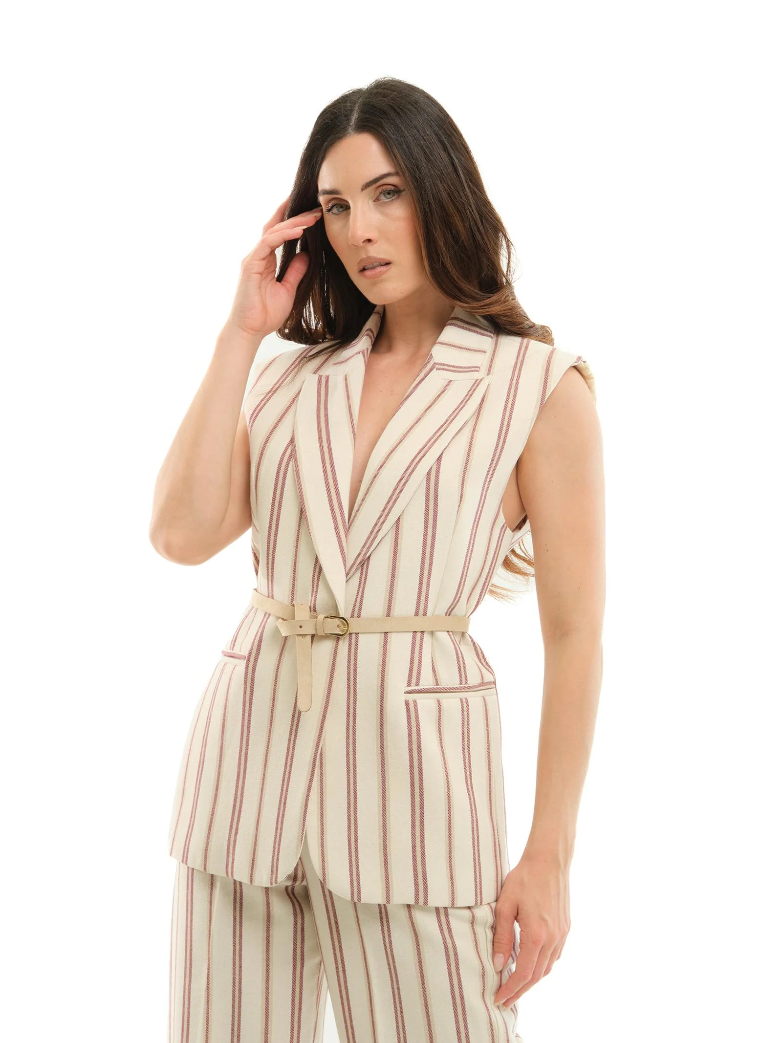 Gilet Imperial beige a righe rosa con cinturino