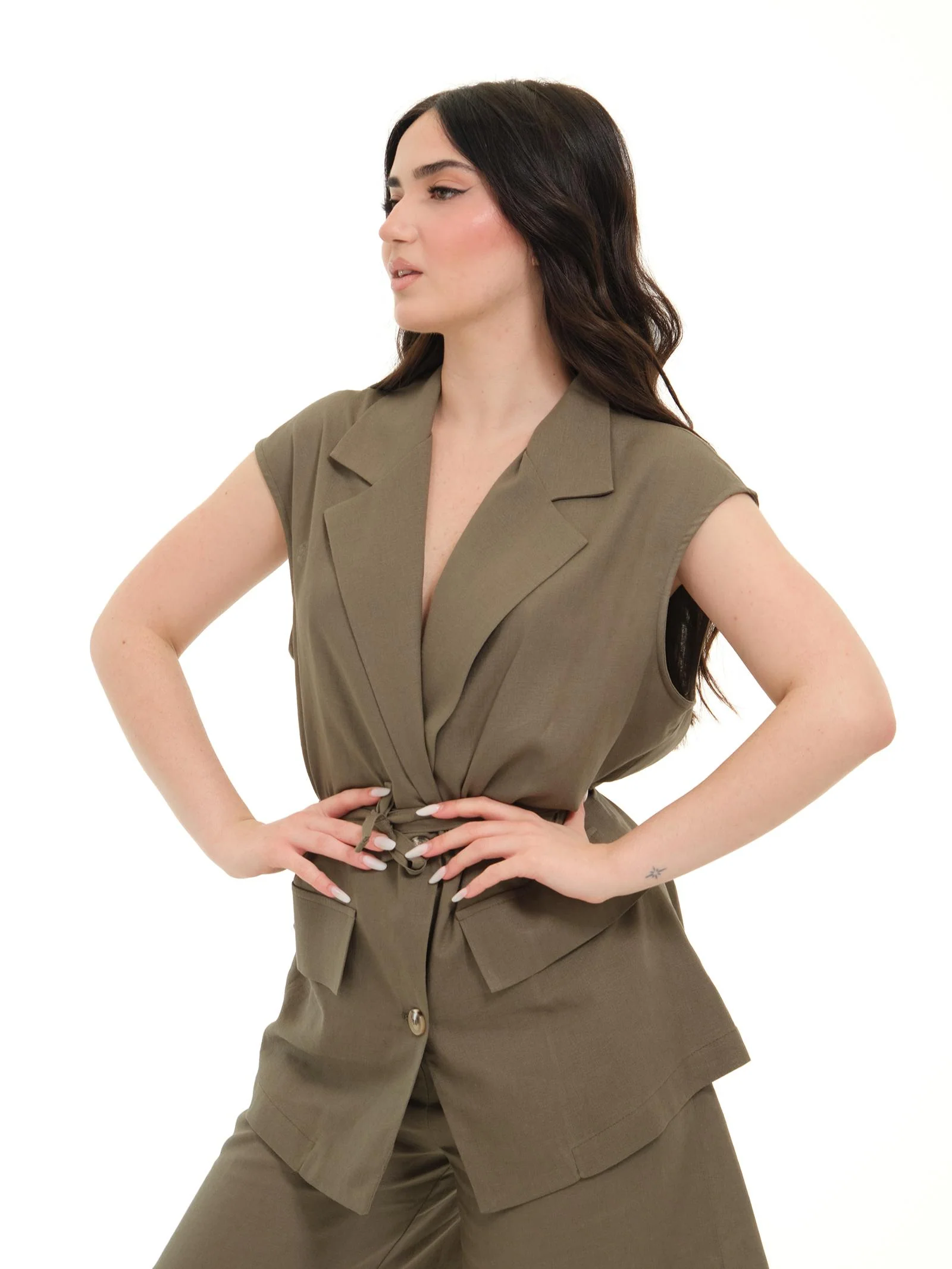 Gilet lungo Armoire in misto lino verde militare - Image 2