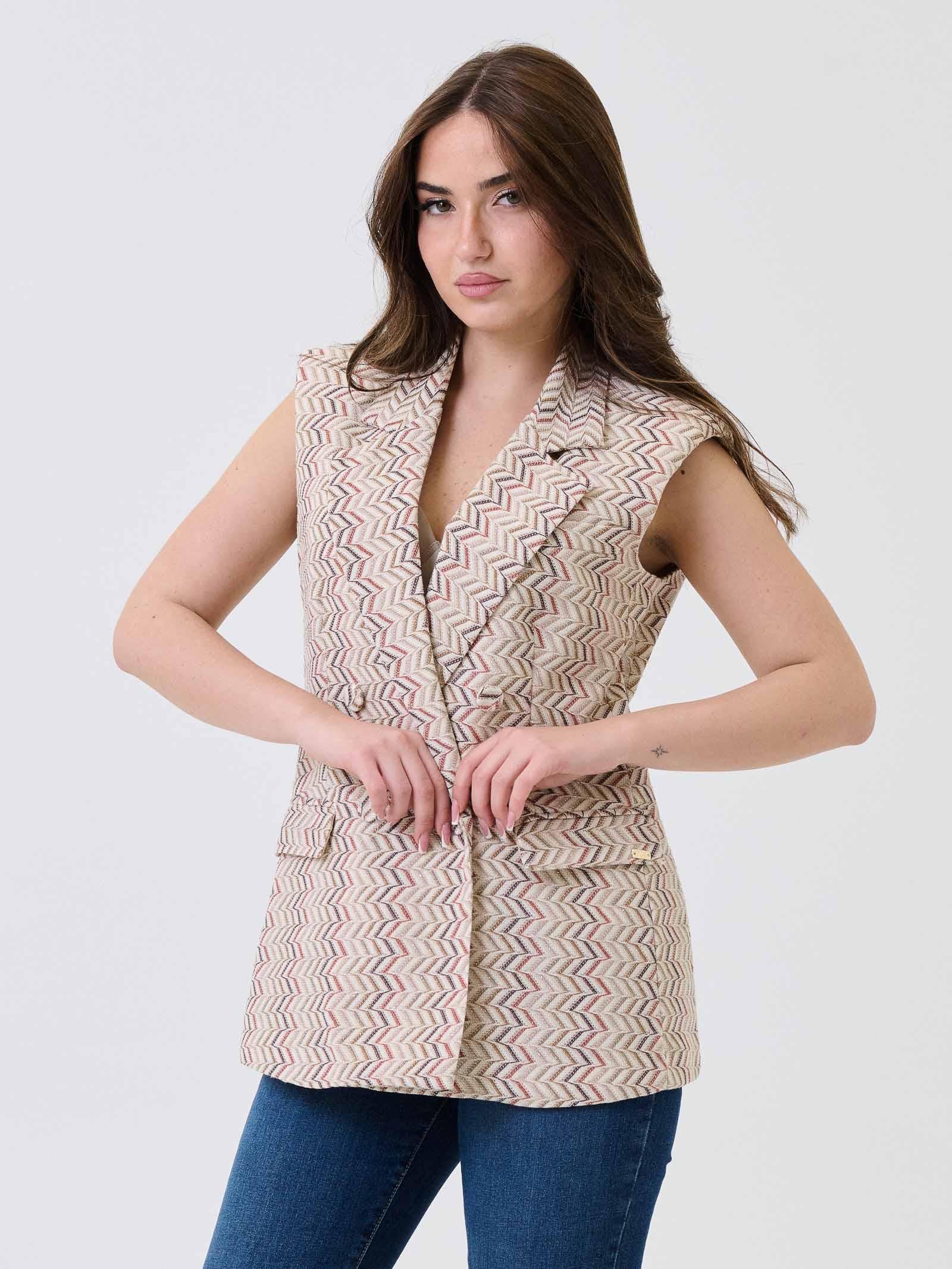Gilet lungo Pho Firenze beige fantasia chevron in lurex - Image 2