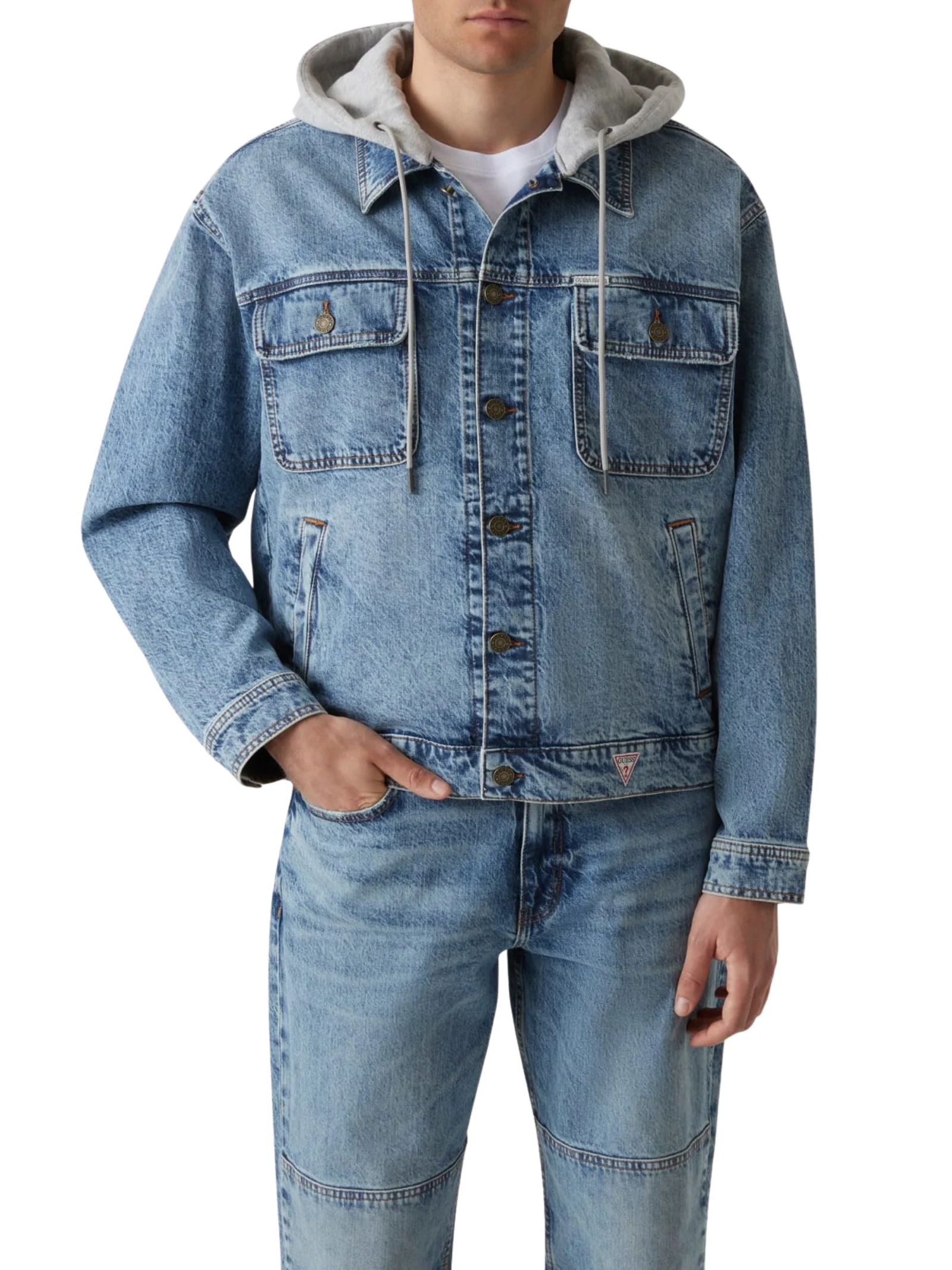 Giubbino di jeans Guess azzurro con cappuccio in cotone - Image 4