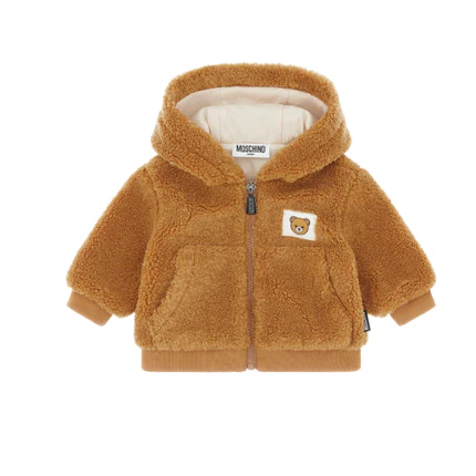 Giubbino teddy Moschino marrone con patch orsetto sul petto