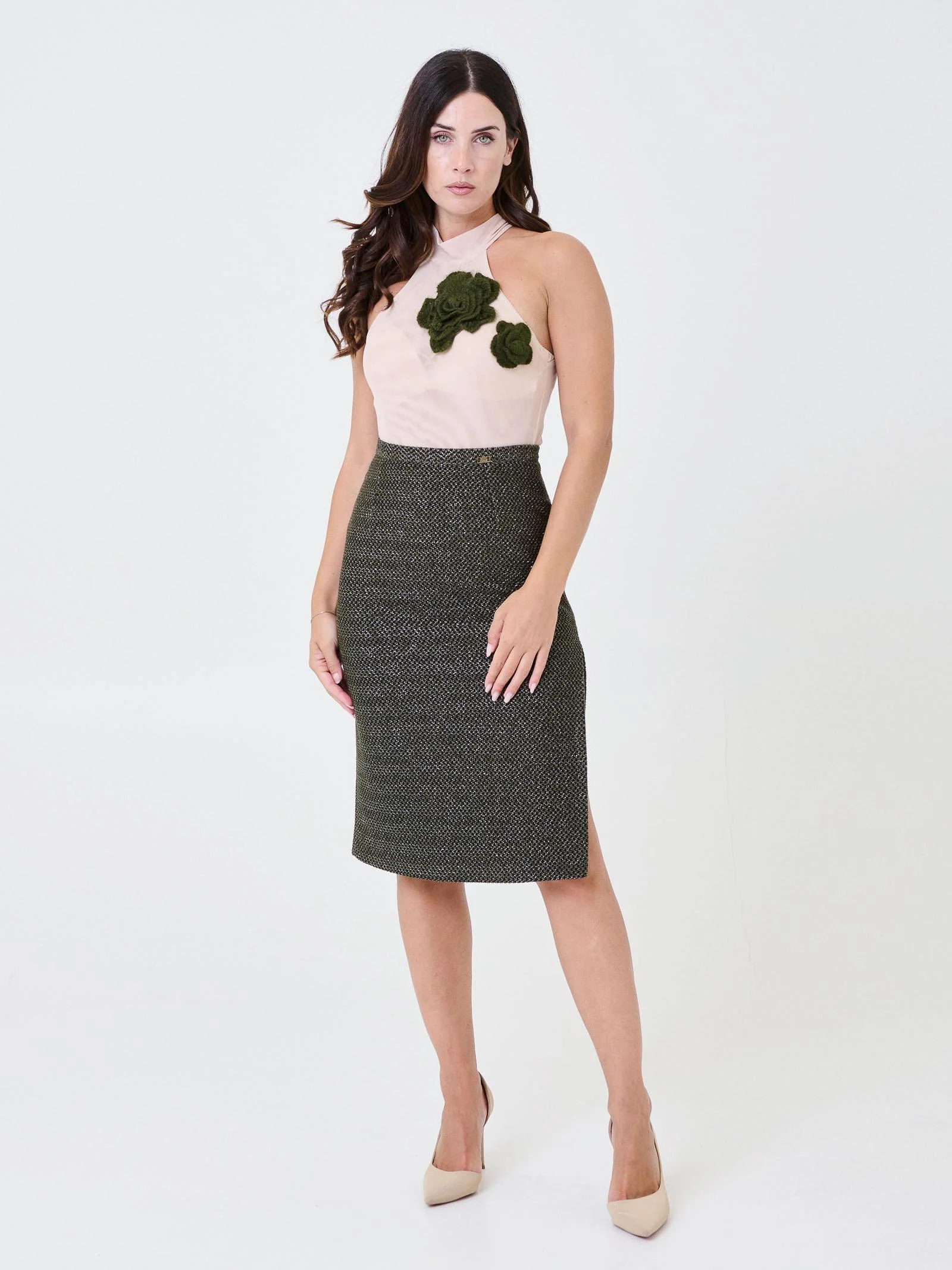 Gonna a vita alta Pho Firenze verde militare in filo lurex - Image 4