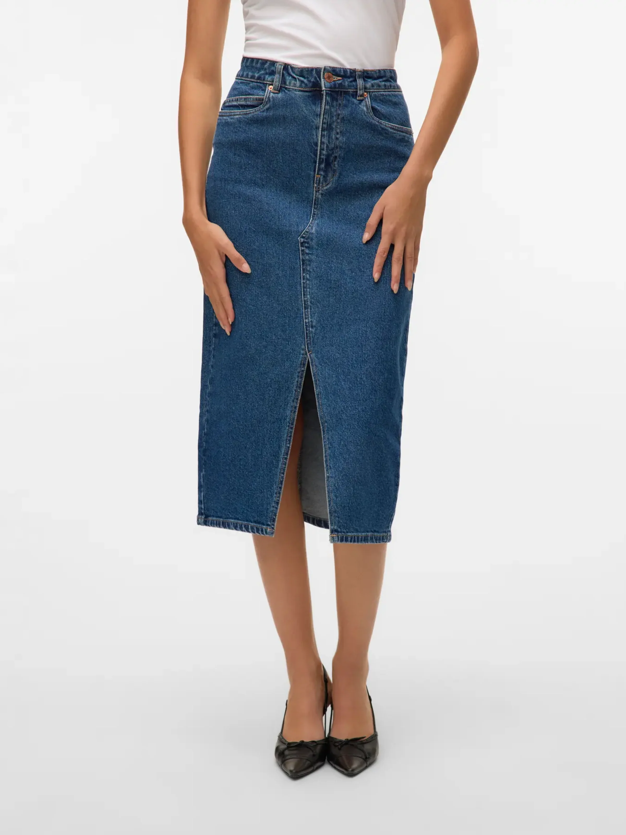 Gonna midi in denim Vero Moda blu con spacco frontale e vita alta