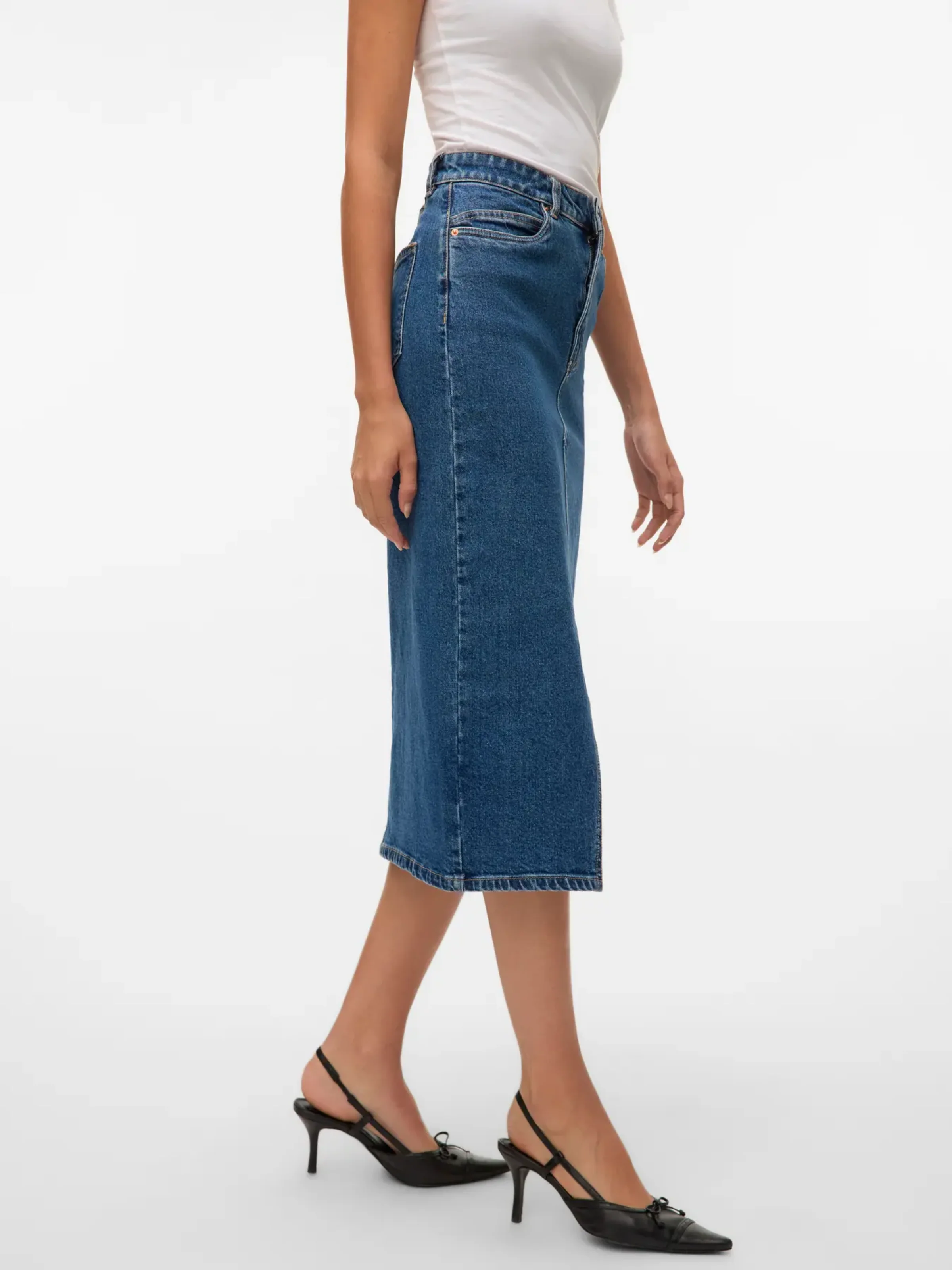 Gonna midi in denim Vero Moda blu con spacco frontale e vita alta - Image 2