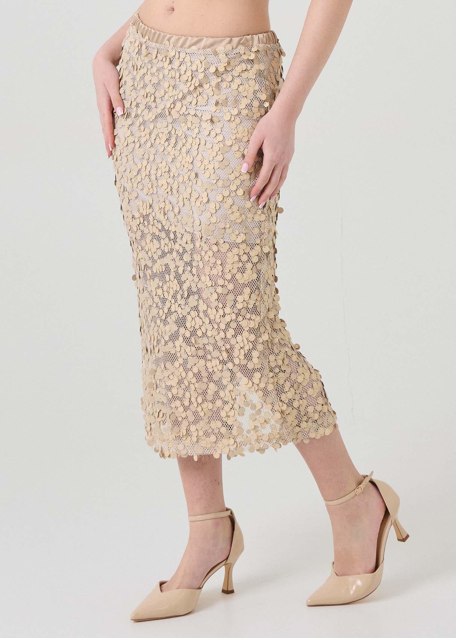 Gonna midi in paillettes Haveone beige - Image 2