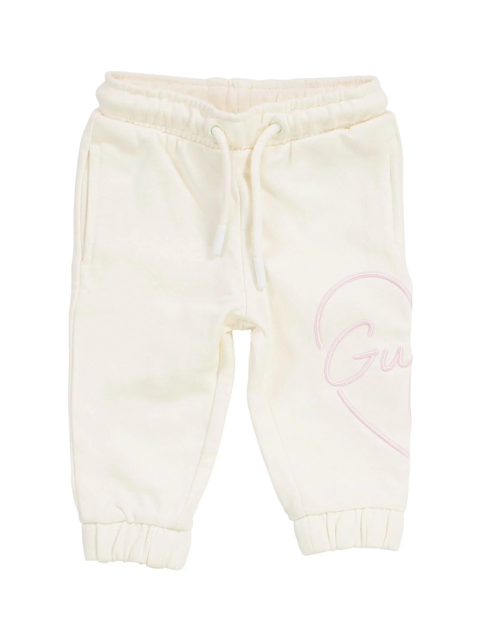 Pantaloni tuta Guess panna con cuore e logo rosa ricamati