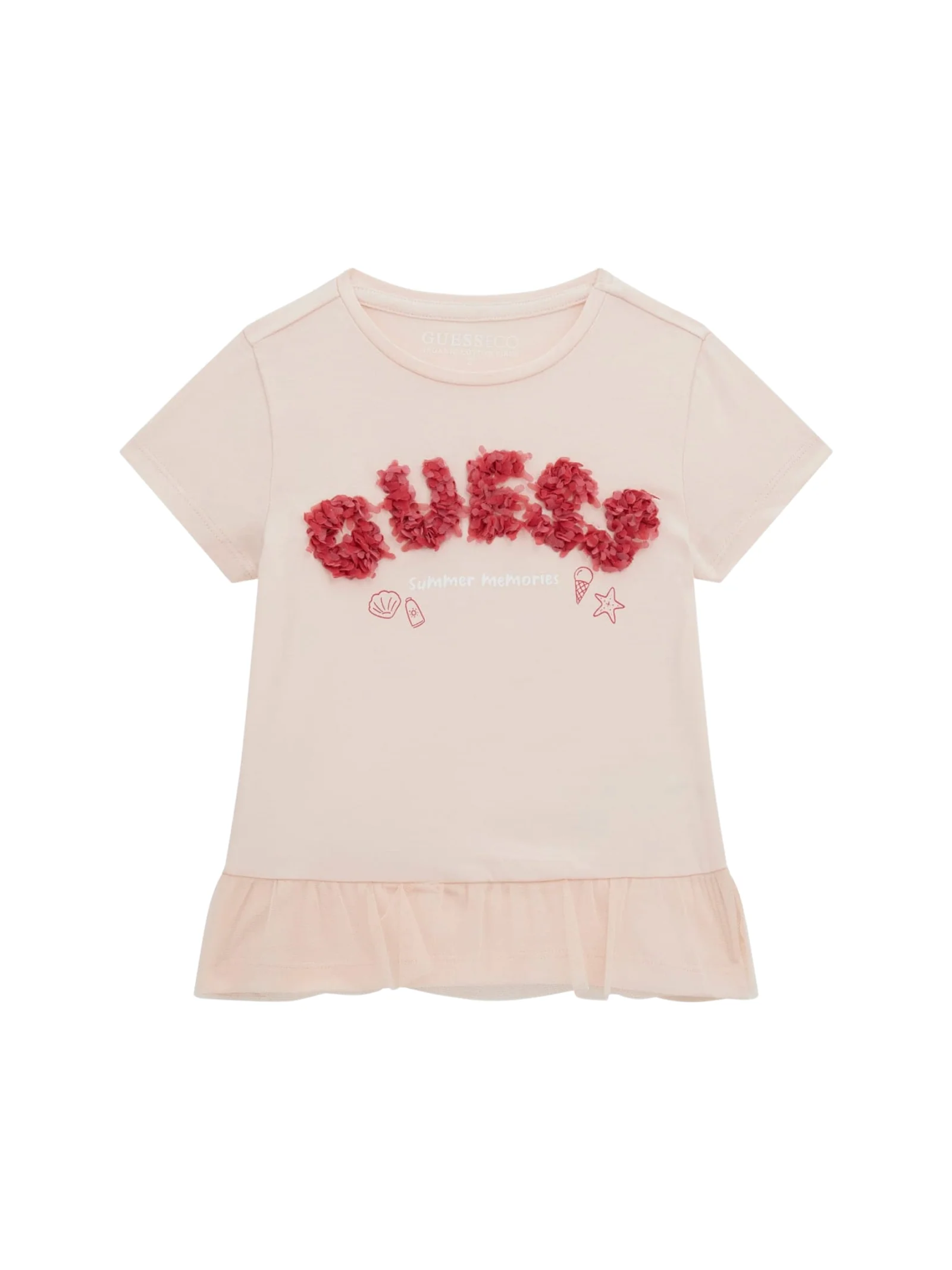 T-Shirt Guess rosa con dettaglio tulle e applicazioni floreali