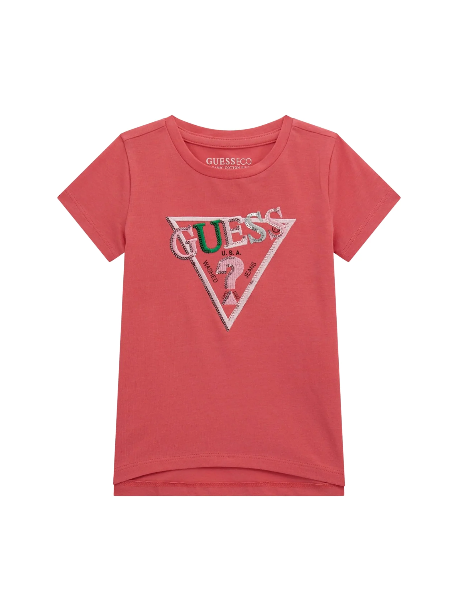 T-shirt Guess rosa con logo triangolare decorato