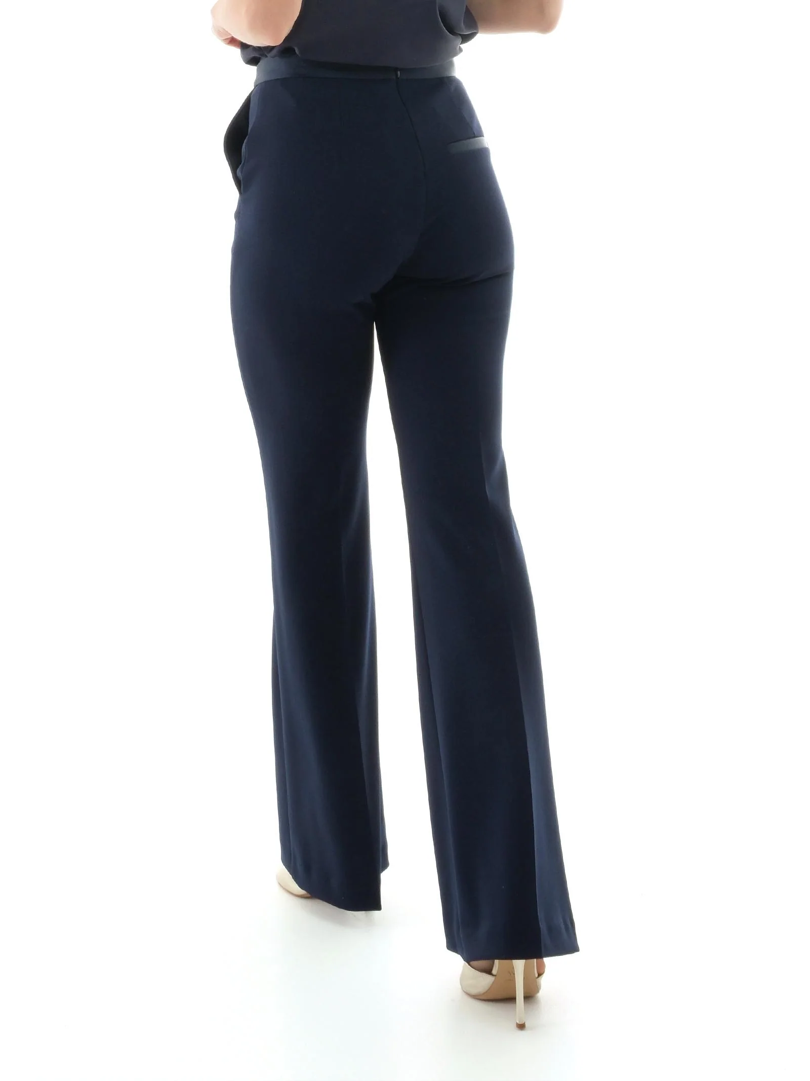 Pantalone a vita alta Imperial blu navy a zampa con dettagli in raso - Image 3