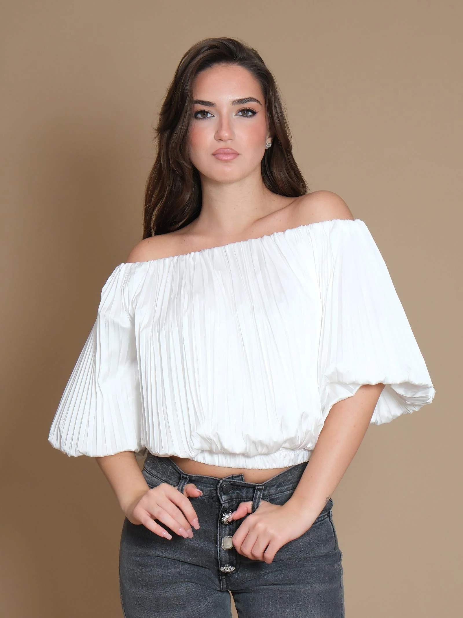 Top Imperial scollo a barca bianco