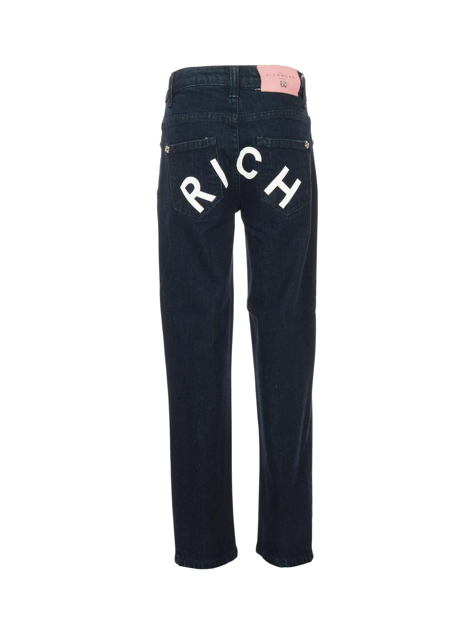 Jeans John Richmond blu lavaggio scuro con stampa rich bianca posteriore - Image 3