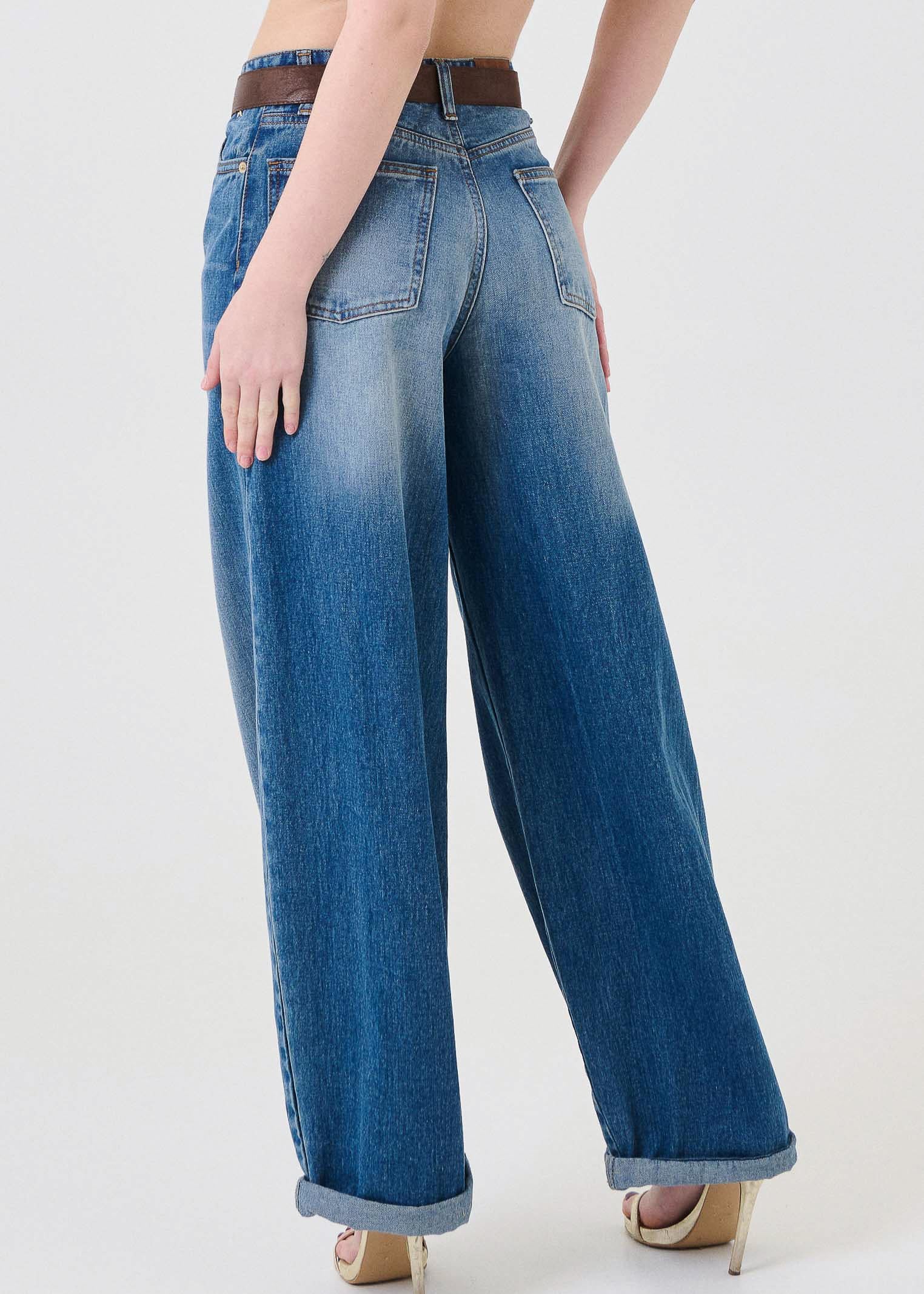 Jeans Souvenir blu con cintura in velluto marrone - Image 3