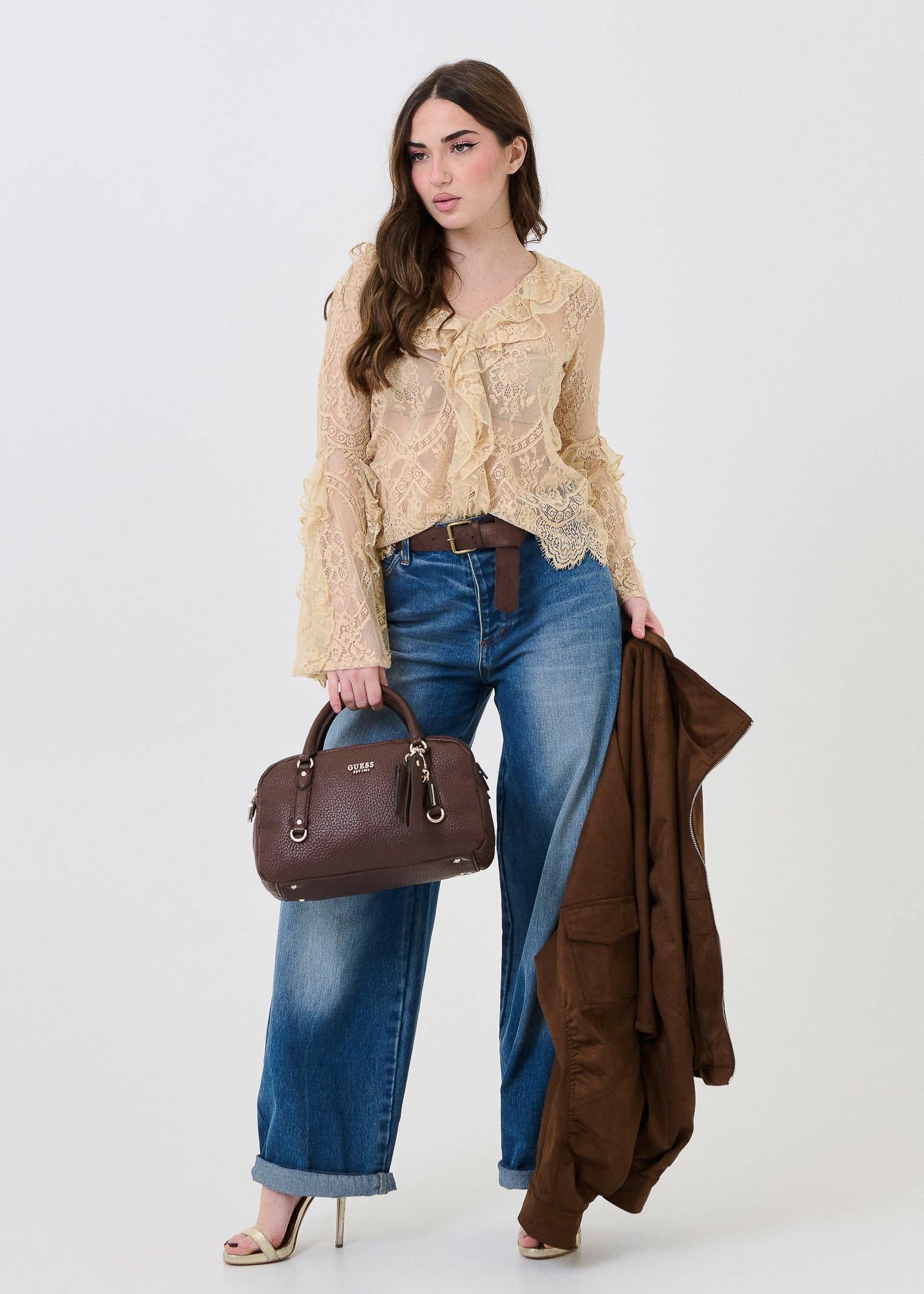 Jeans Souvenir blu con cintura in velluto marrone - Image 4