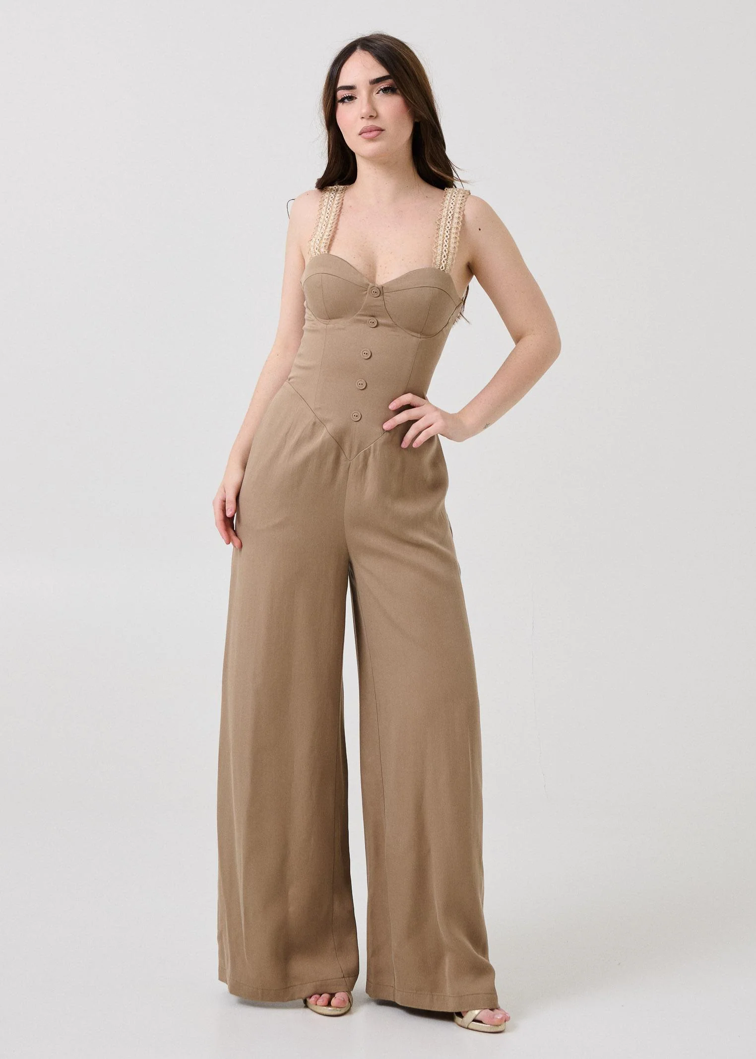 Jumpsuit Bohemian Vì taupe con spalline in crochet