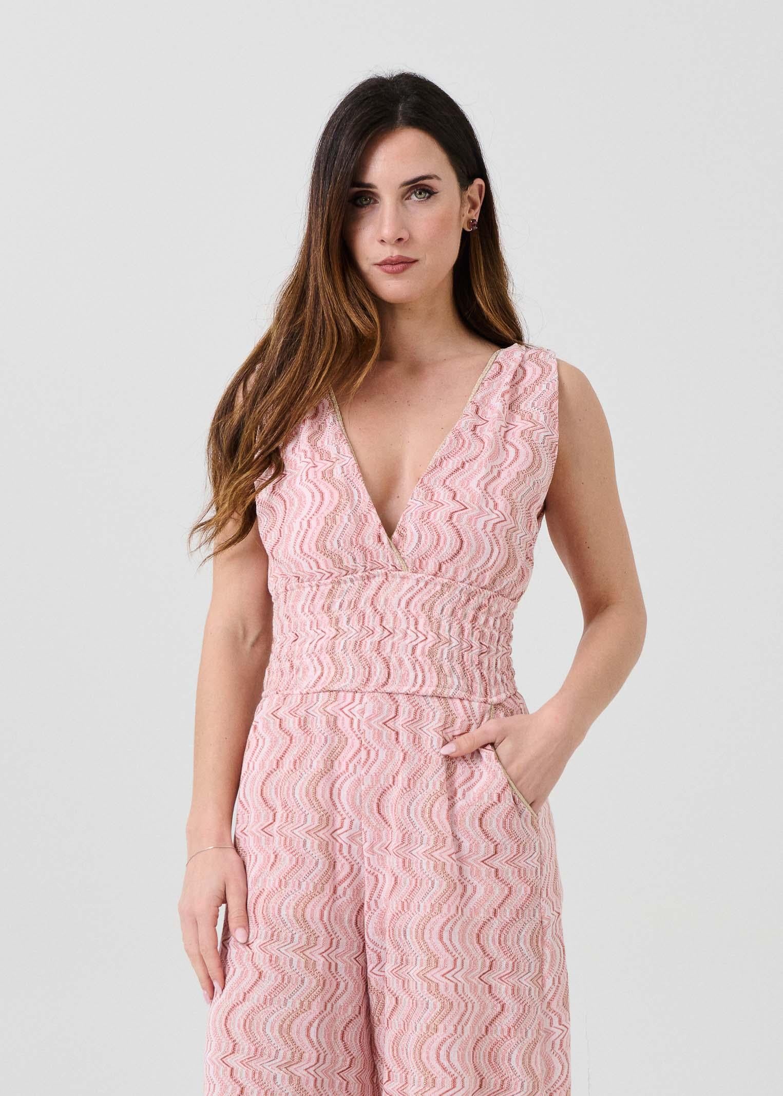 Jumpsuit jaquard Pho Firenze rosa con fantasia zig-zag filo lurex - Image 2