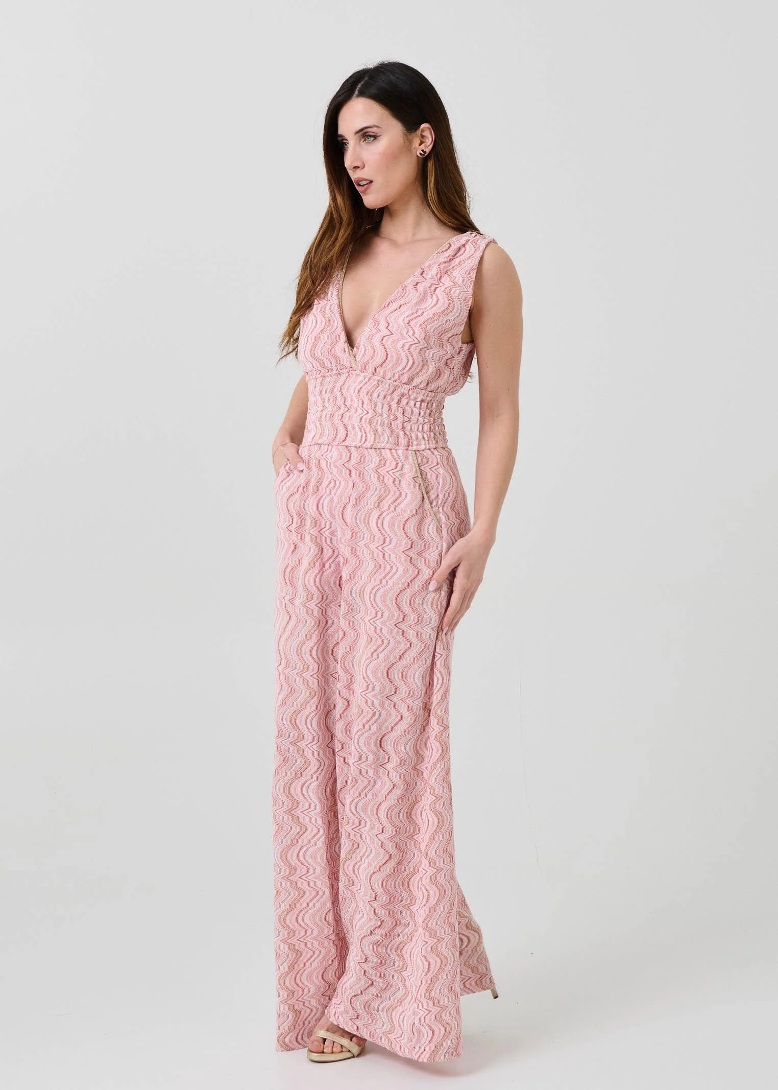 Jumpsuit jaquard Pho Firenze rosa con fantasia zig-zag filo lurex - Image 3