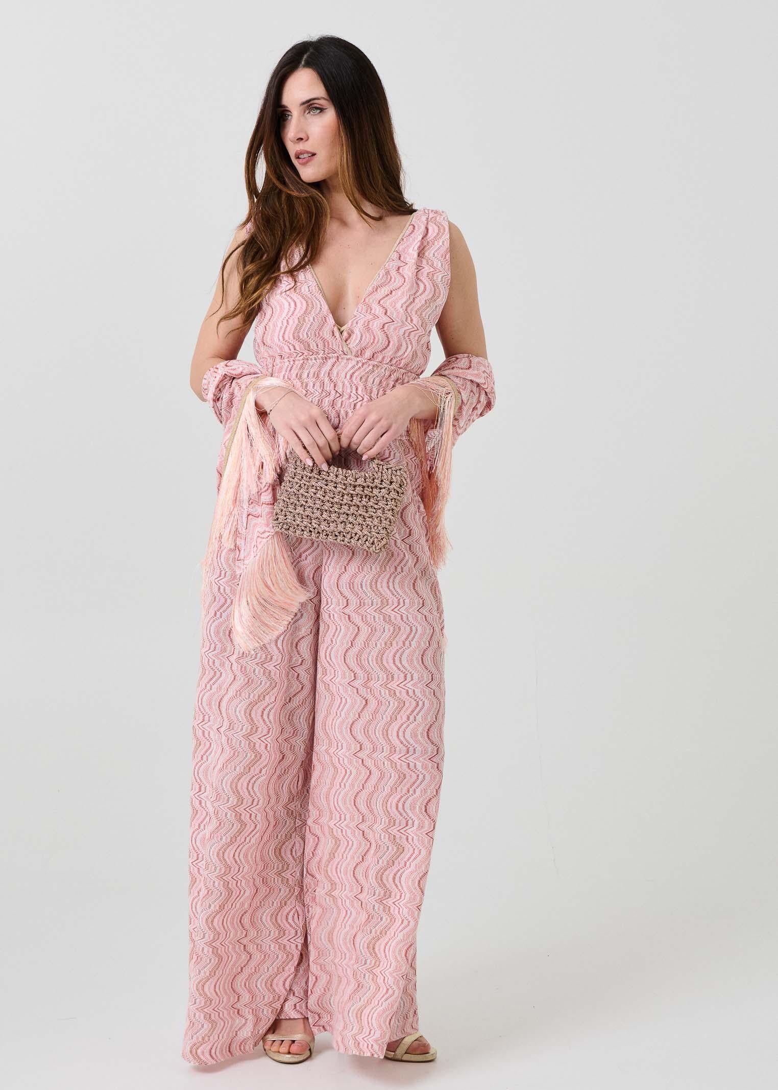 Jumpsuit jaquard Pho Firenze rosa con fantasia zig-zag filo lurex - Image 5