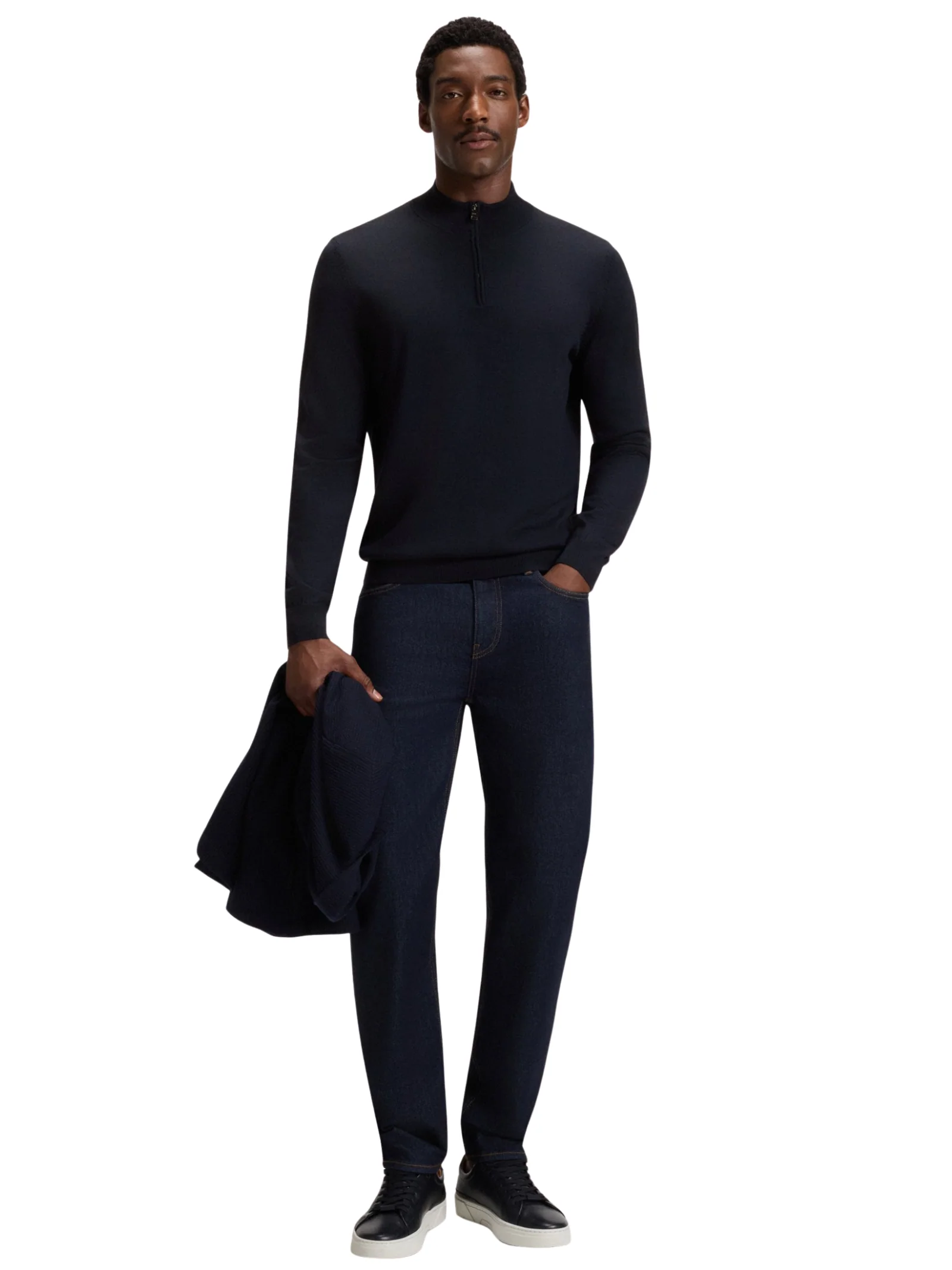 Maglia Boss blu navy a collo alto con zip - Image 3