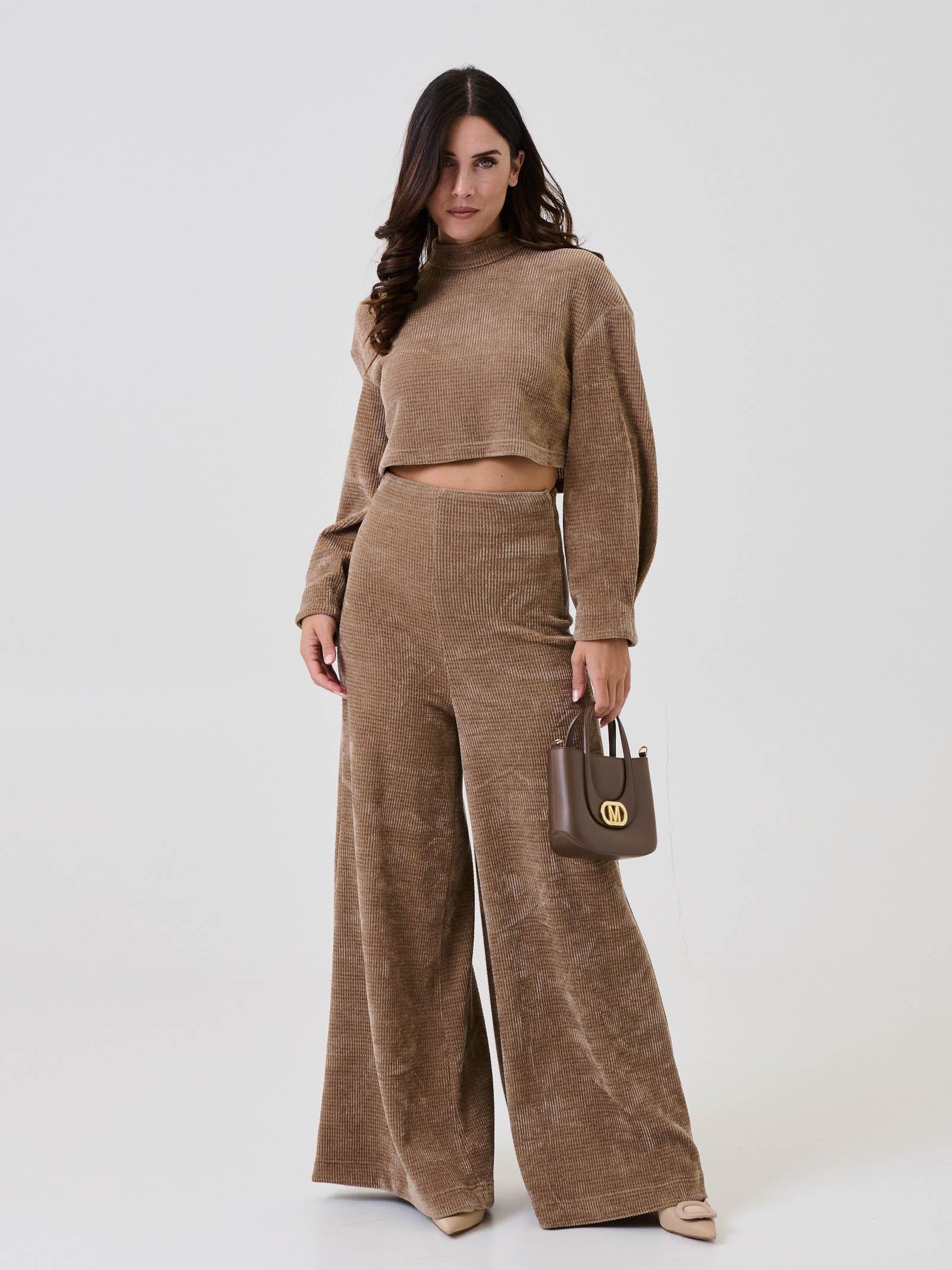 Maglia cropped Bohemian Vì  taupe in velluto - Image 5