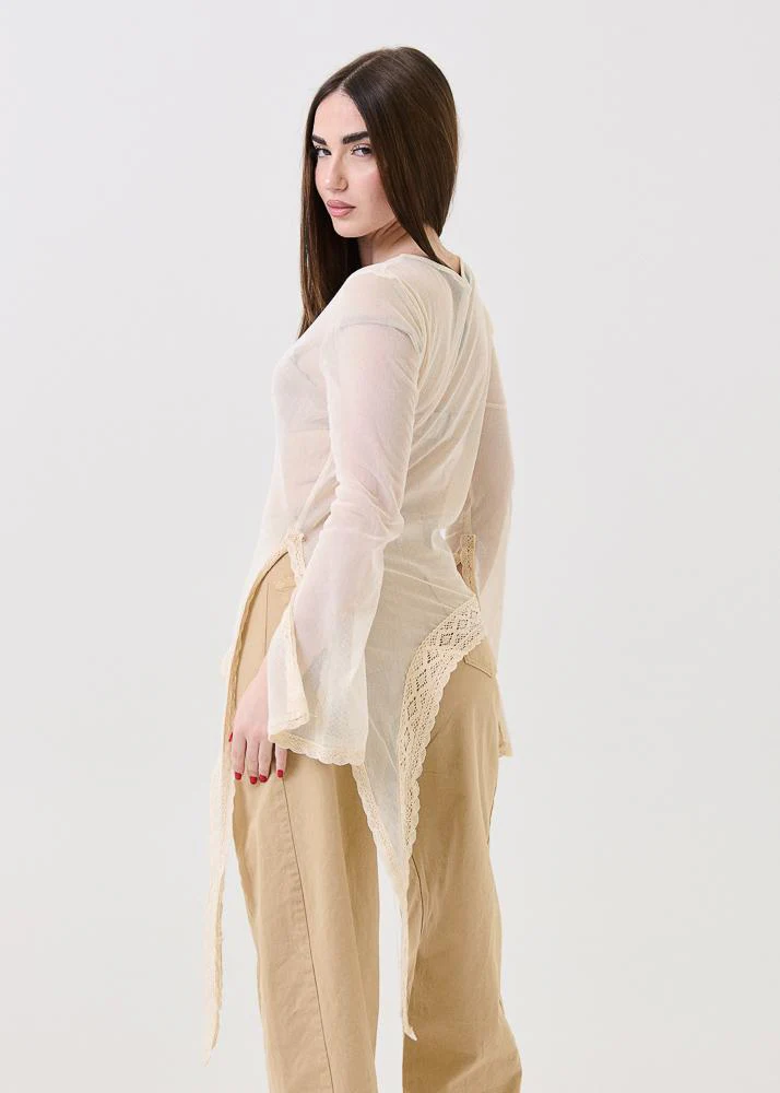Maglia in rete asimmetrica Haveone burro con inserti in pizzo - Image 3