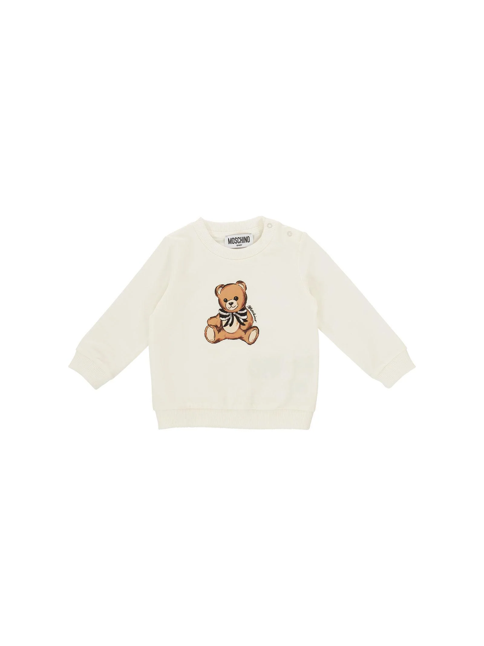 Maglia Moschino bianca con profili a coste e teddy bear con paillettes