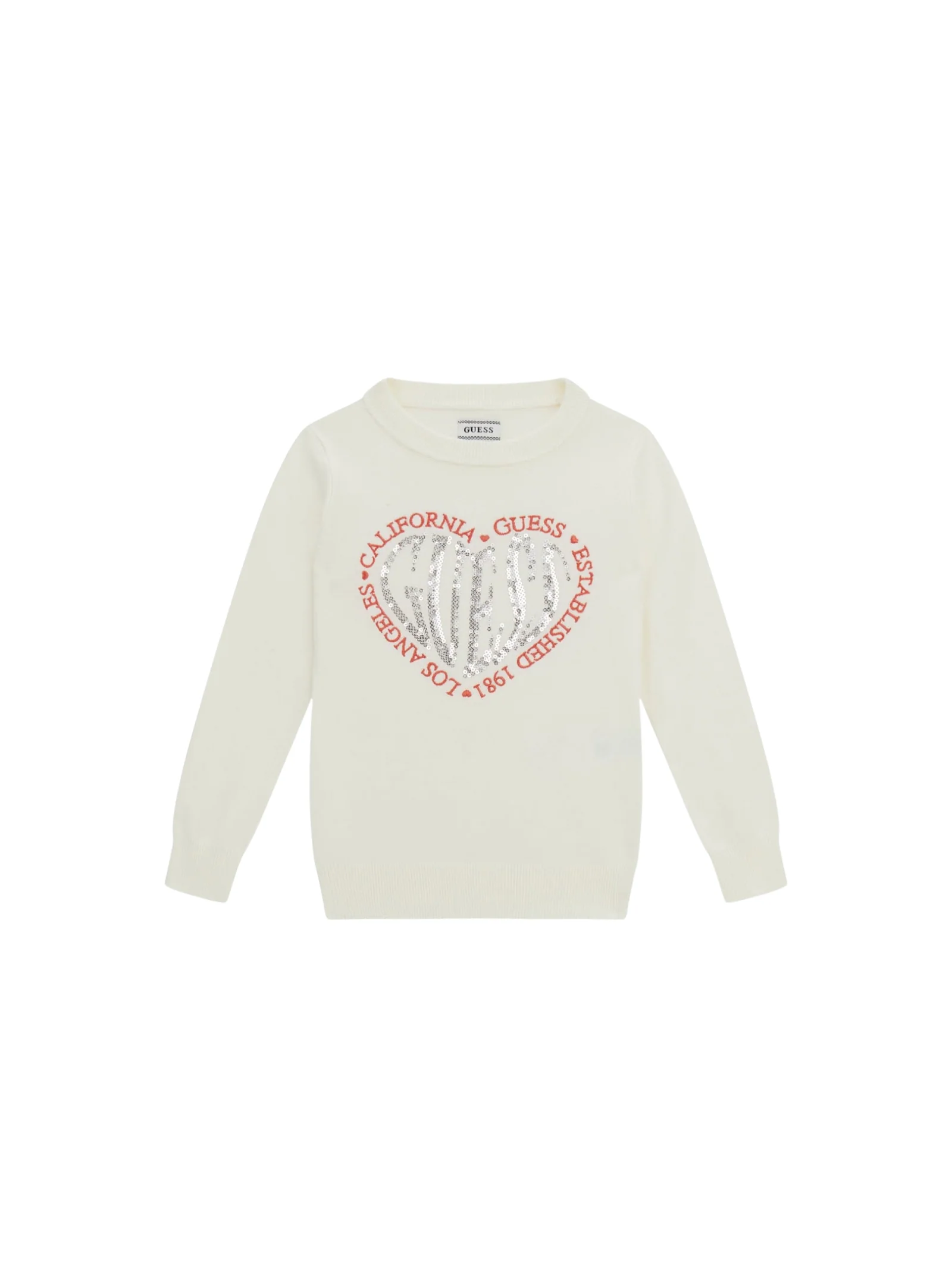 Maglioncino Guess bianco con cuore paillettes e scritta rossa