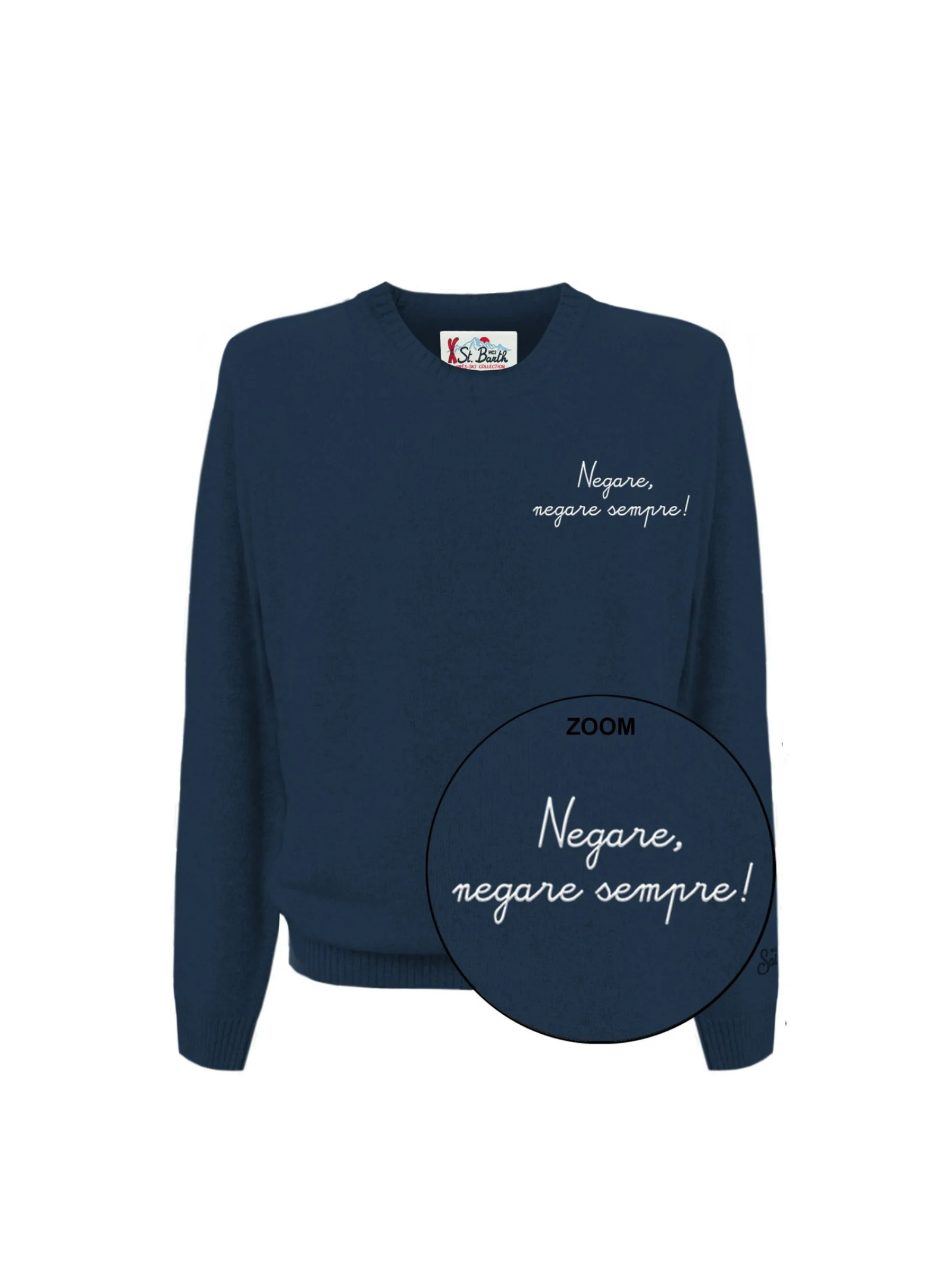 Maglione "11" Saint Barth blu con scritta "Negare, negare sempre!"