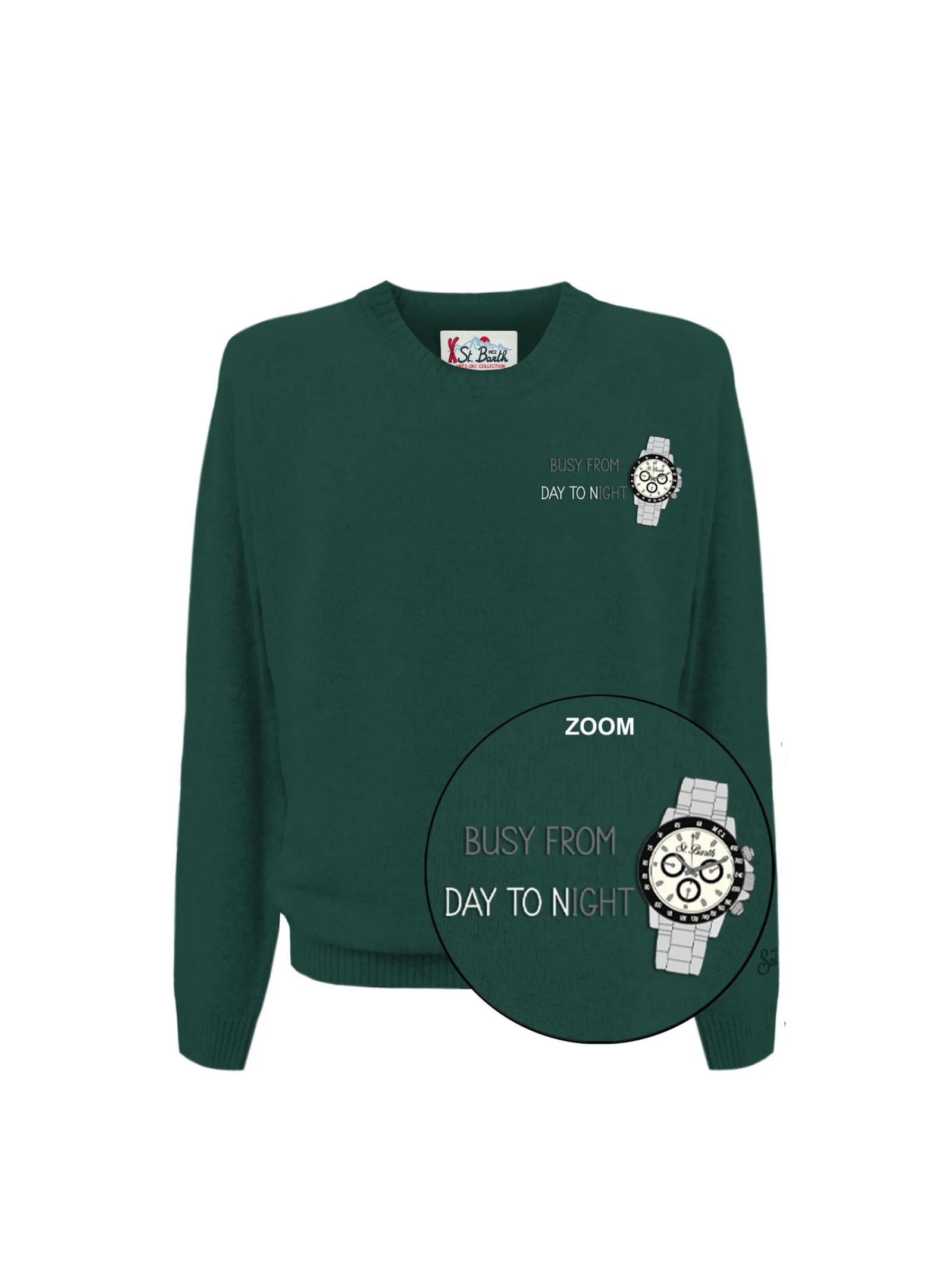 Maglione "11" Saint Barth verde con orologio e scritta "Busy from day to night"