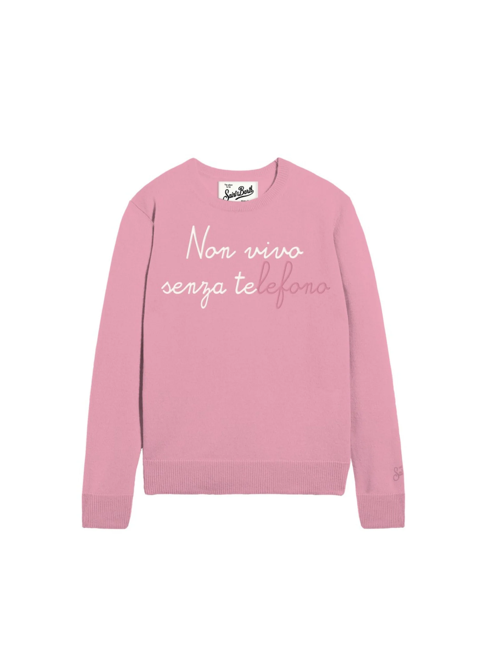 Maglione "18 emb" Saint Barth rosa con scritta "Non vivo senza TElefono"