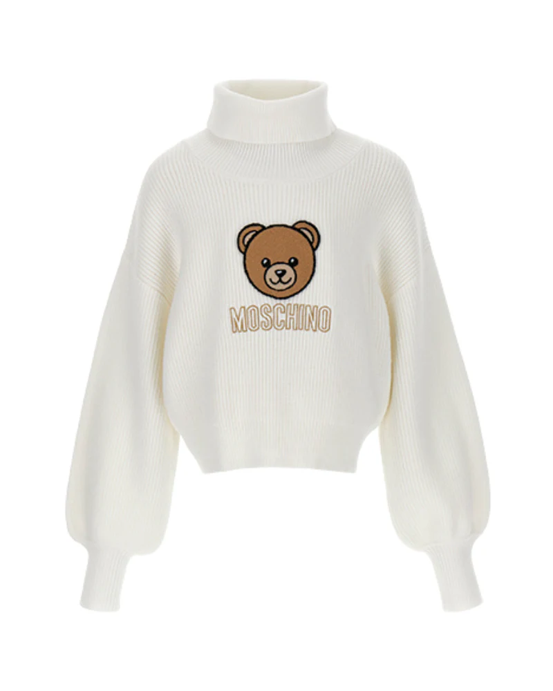 Maglione a collo alto Moschino bianco con orsetto ricamato