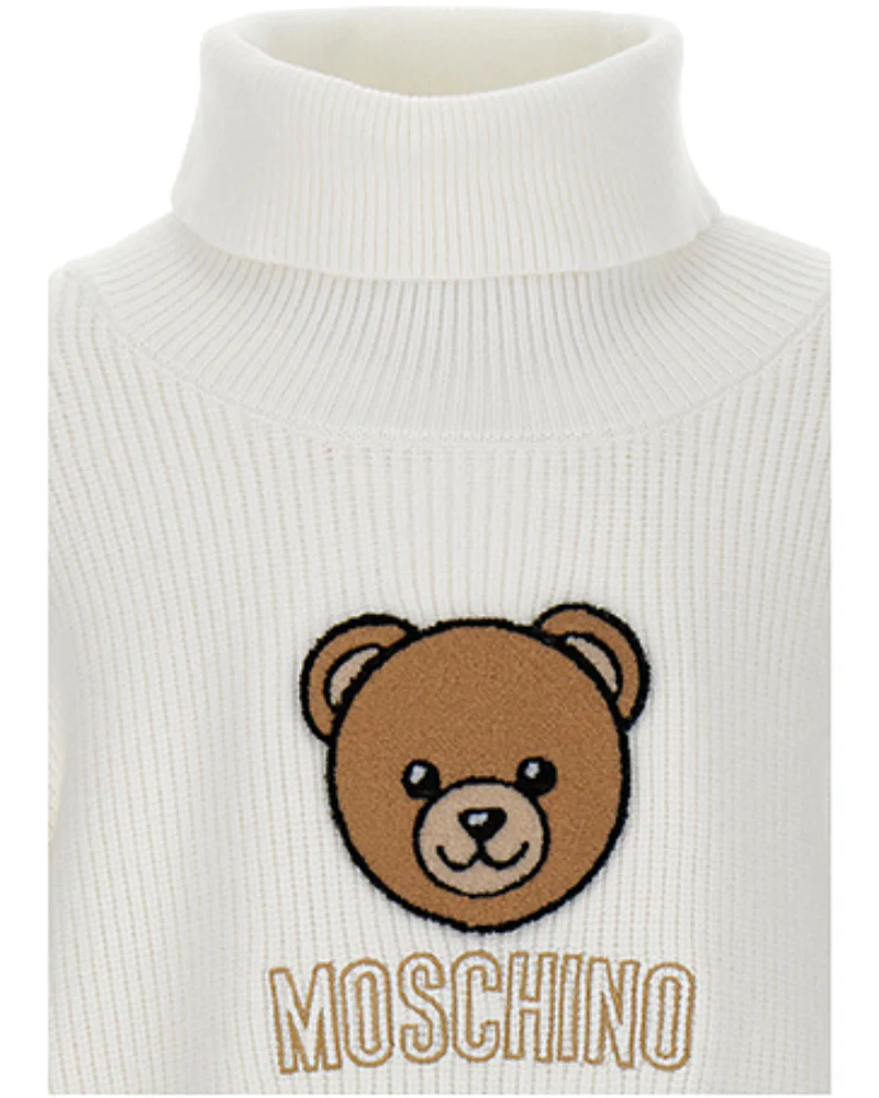 Maglione a collo alto Moschino bianco con orsetto ricamato - Image 2