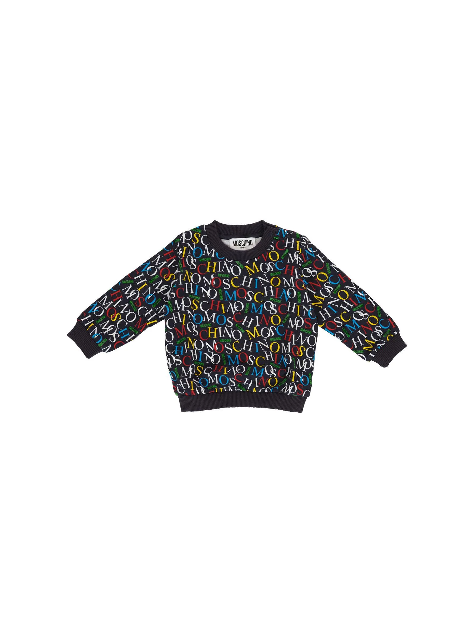 Maglione Moschino blu navy con logo multicolor all over
