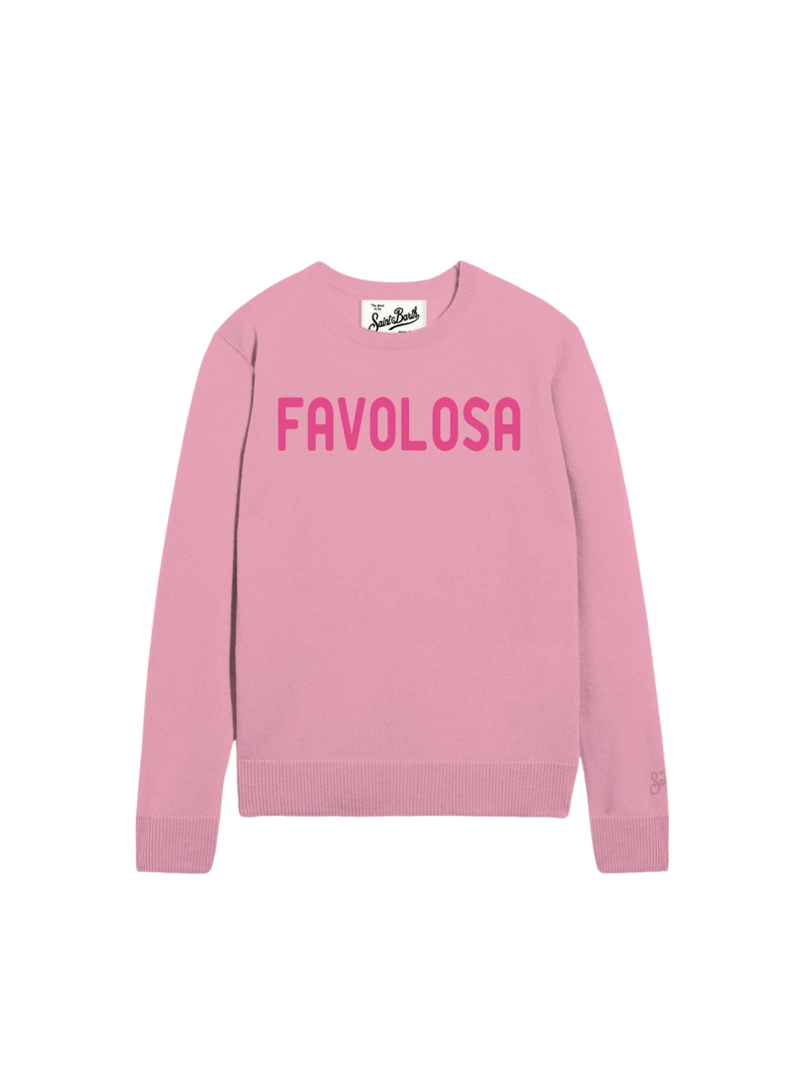 Maglione "Snoopy bow tie 31" Saint Barth rosa con scritta "Favolosa"