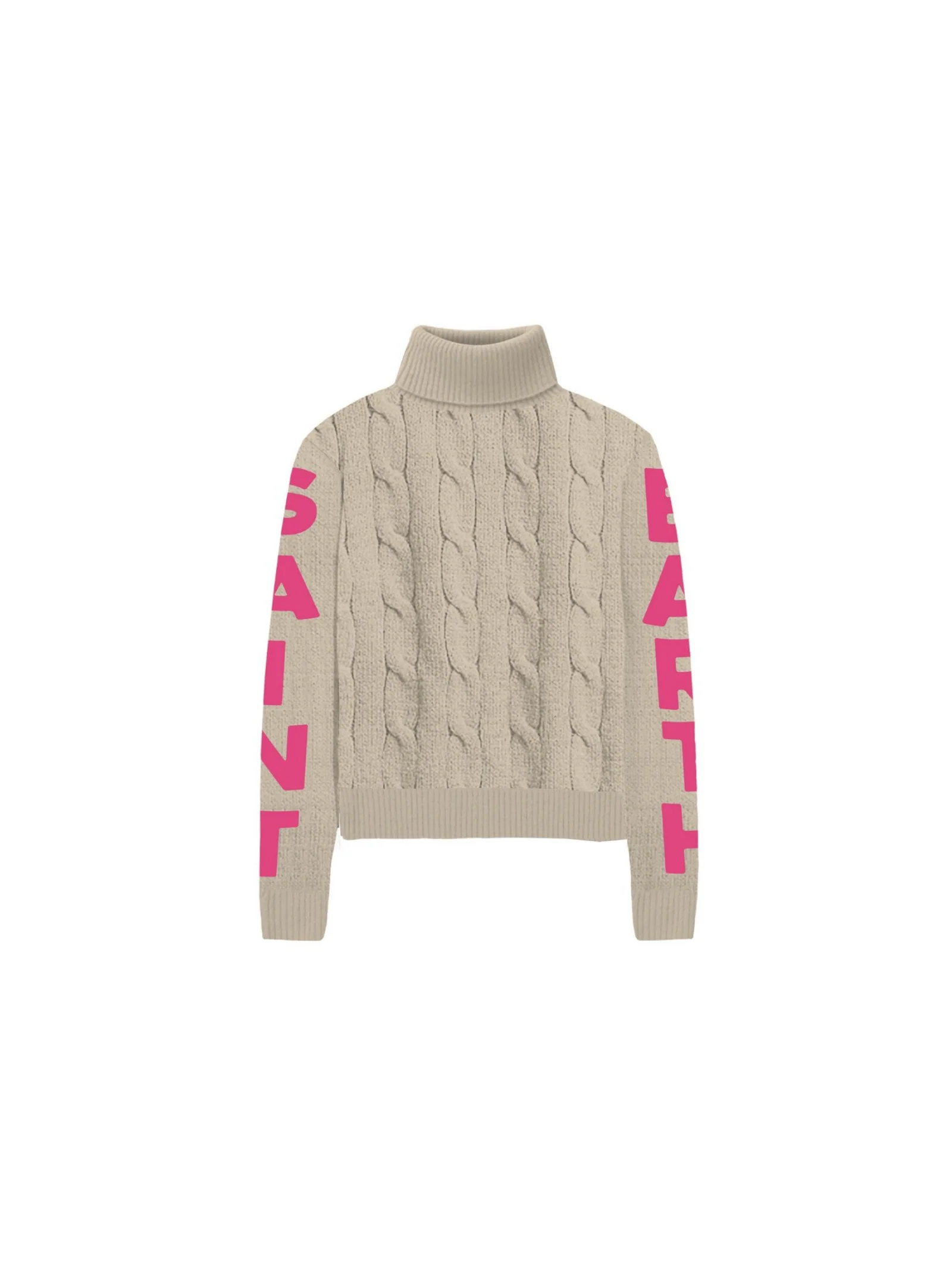 Maglione Saint Barth collo alto beige con logo sulle maniche fucsia