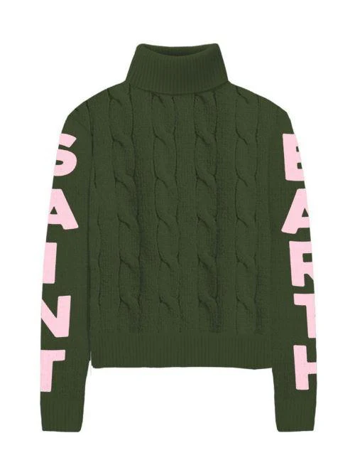Maglione Saint Barth collo alto verde con logo sulle maniche rosa