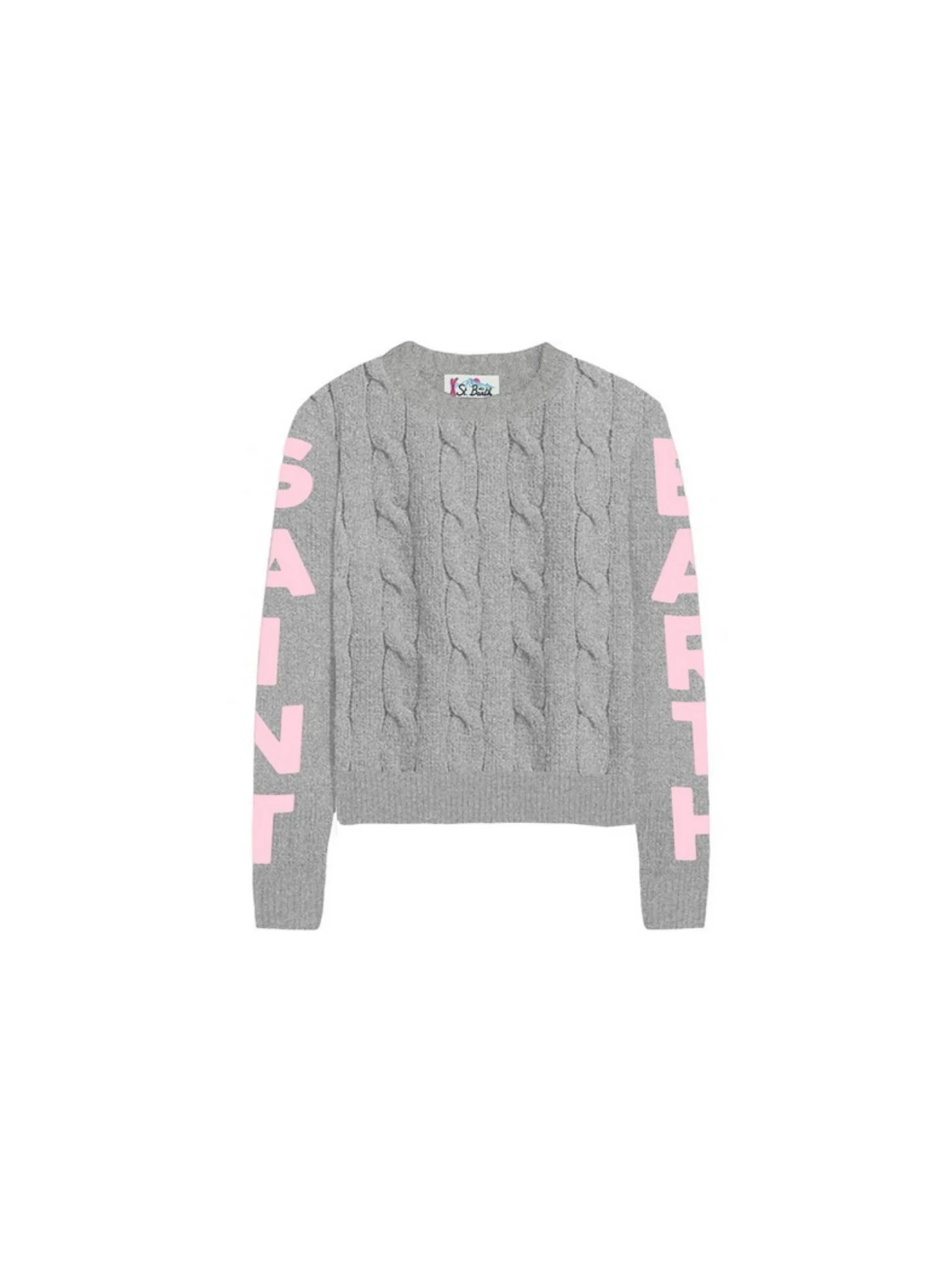 Maglione Saint Barth grigio con logo sulle maniche rosa